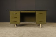 Mid-Century Modern Steel Tanker Desk in Olive Green w Glass Top and Brass, 1960s