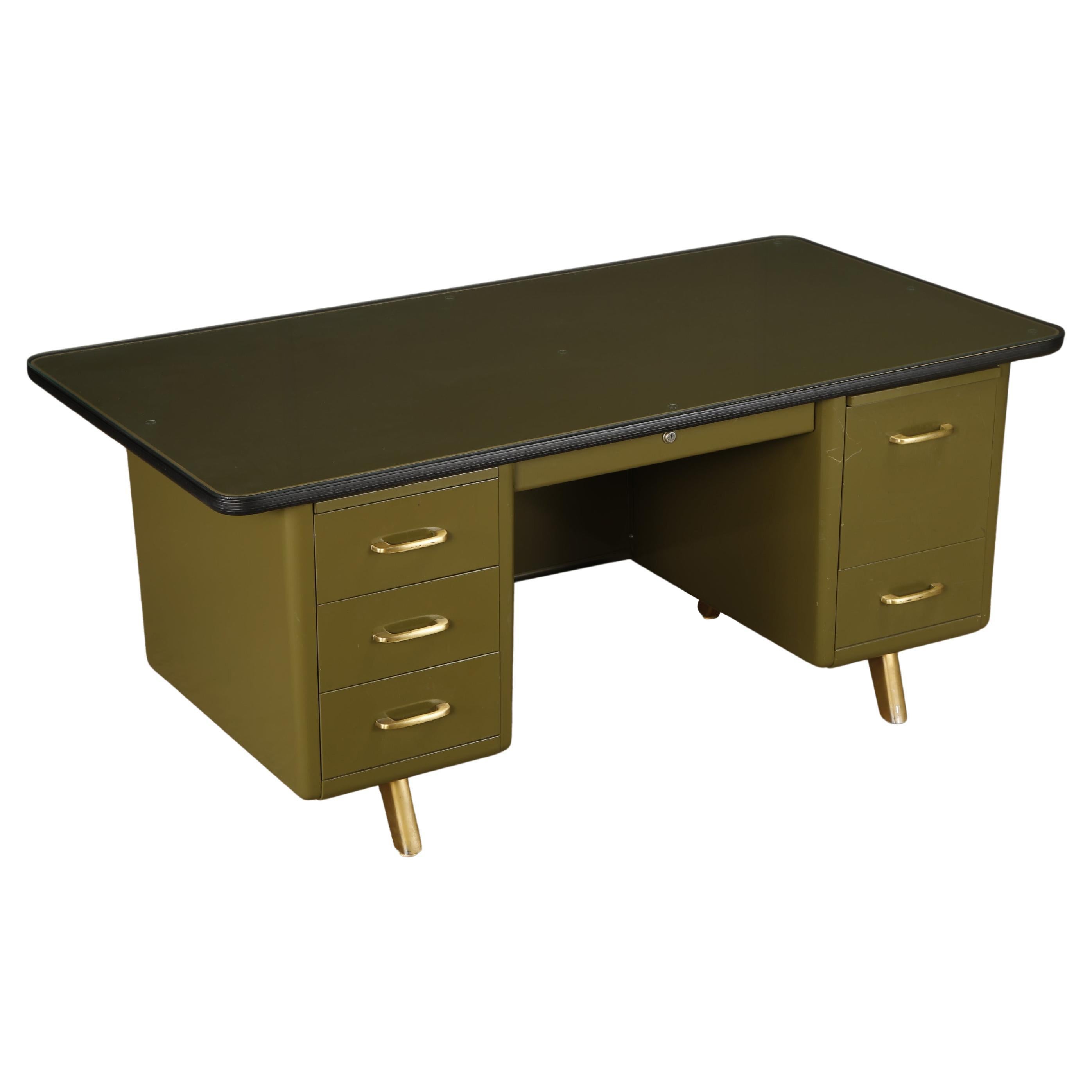 Mid-Century Modern Steel Tanker Desk in Olive Green w Glass Top and Brass, 1960s For Sale
