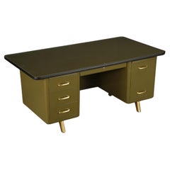 Mid-Century Modern Steel Tanker Desk in Olive Green w Glass Top and Brass, 1960s