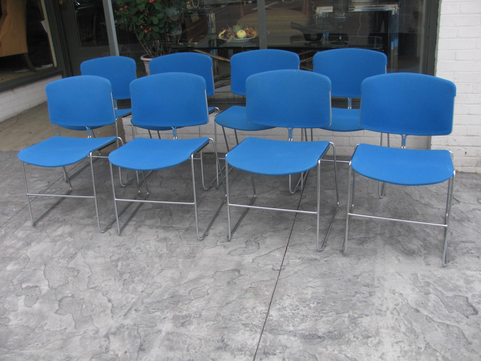 Steelcase version of the 40/4 chair by David Rowland. Chairs all match and are in very good condition, strong and sturdy no damage. Chrome steel frames with hard plastic shells that have been covered in a blue Knoll like fabric. Fabric shows minor