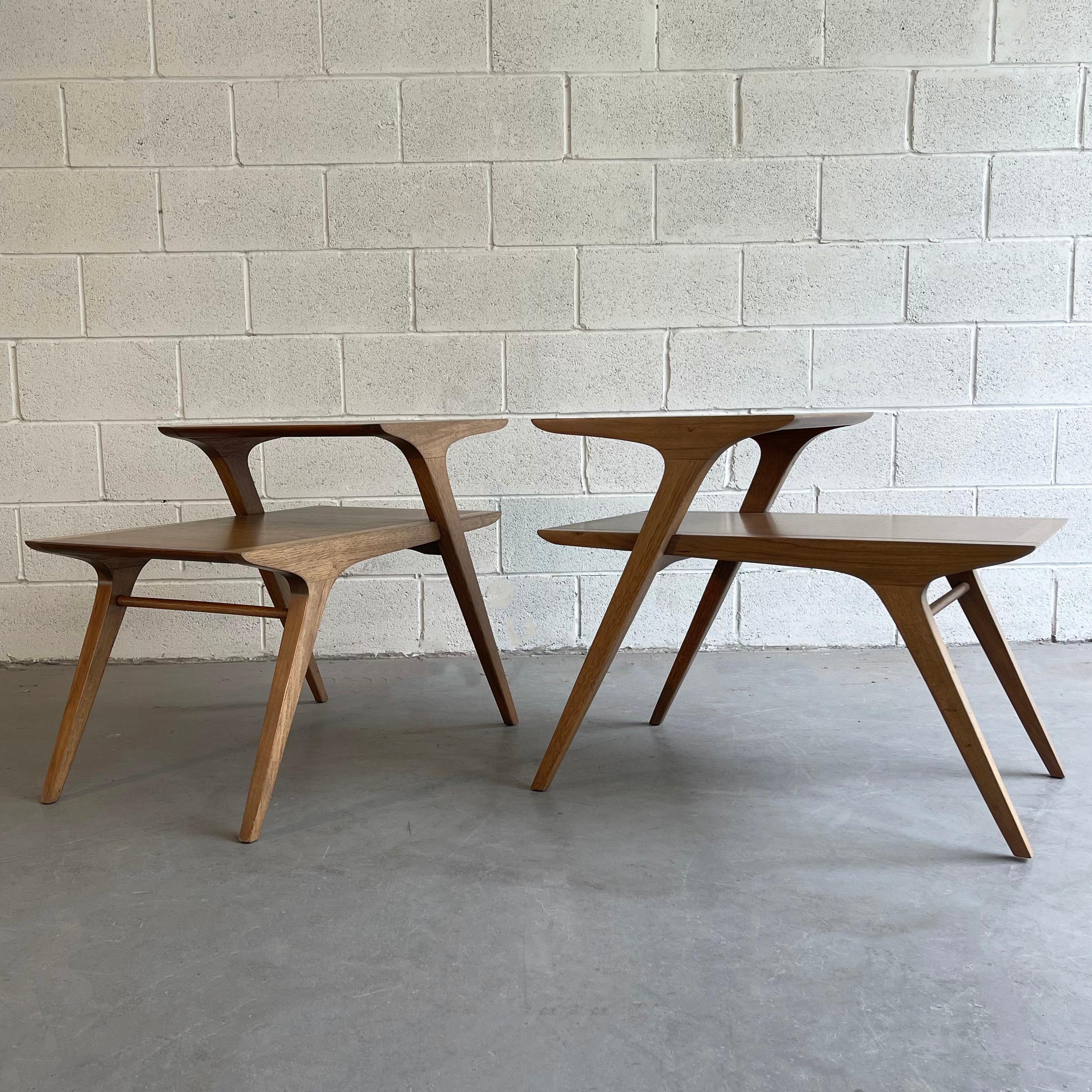 Pair of Mid-Century Modern, ash, step end tables by John Van Koert for Drexel feature exceptional lines and contrasting wood grain. The lower table is 17 inches height and the upper level is 17 inches deep.