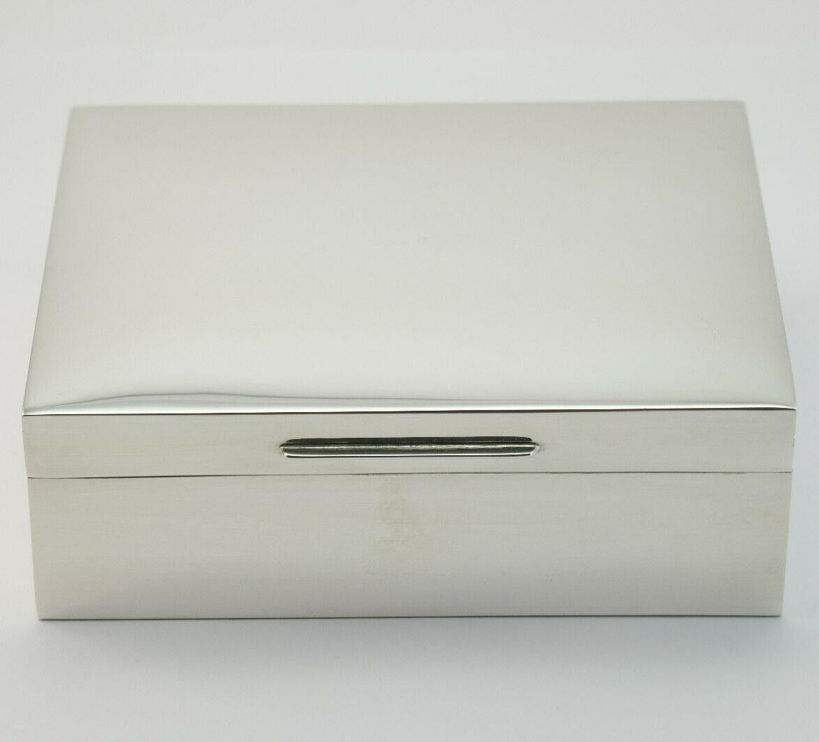 Vintage, stylish and decorative modernist sterling silver cigar, cigarette and/or jewelry box sleek polished surface; the box has a black leatherette base, and is fully lined with cedar wood. The side of the box is fully hallmarked with Lion passant