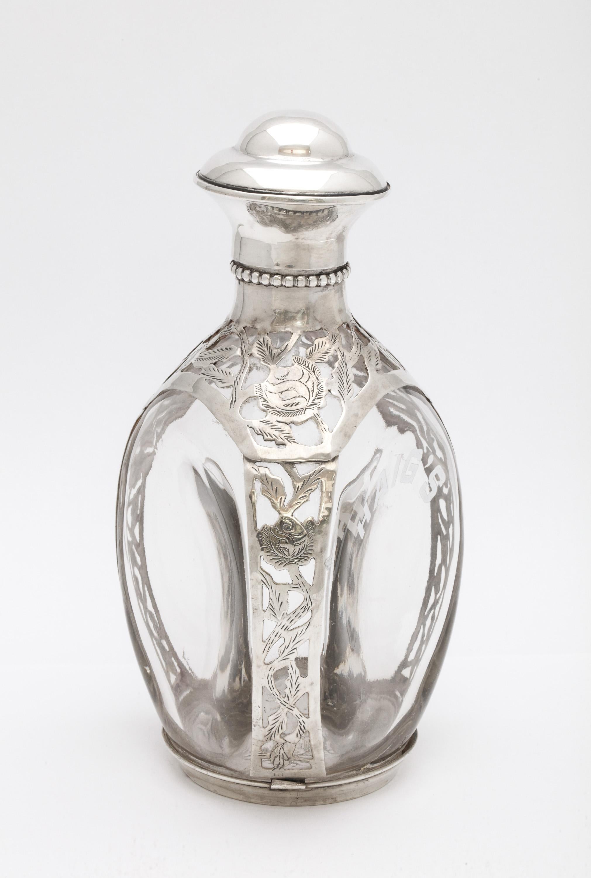 Blown Glass Mid-Century Modern Sterling Silver Floral Overlay Haig's Scotch Bottle