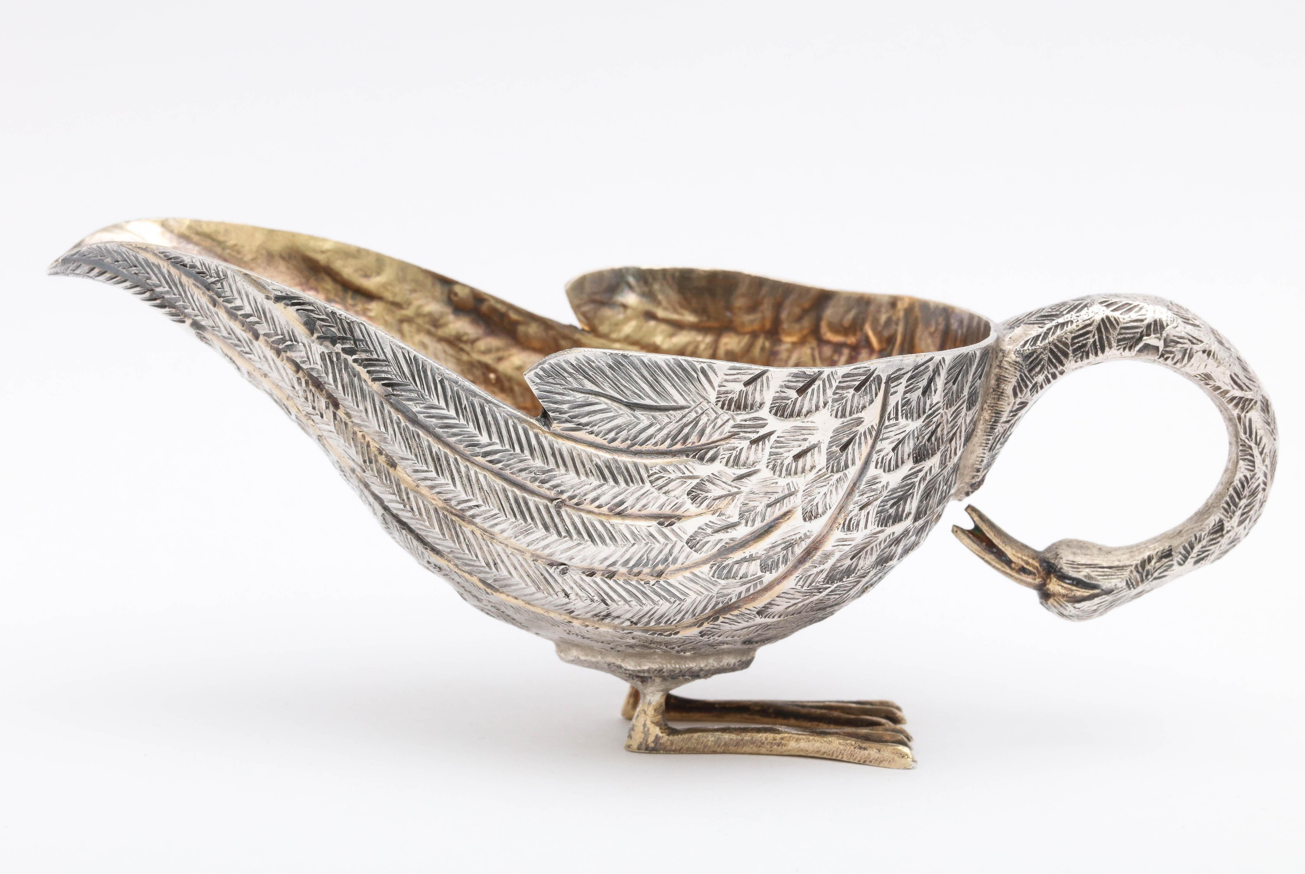 Mexican Mid-Century Modern Sterling Silver-Gilt Swan-Form Gravy/Sauce Boat by Tane
