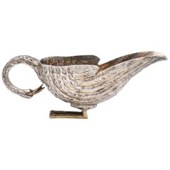 Vintage Mid-Century Modern Sterling Silver-Gilt Swan-Form Gravy/Sauce Boat by Tane