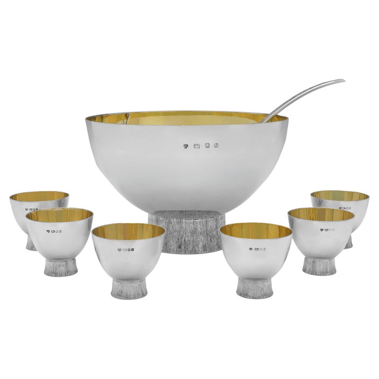 MidCentury Modern Sterling Silver Punch Bowl 6 Cups and Ladle Set