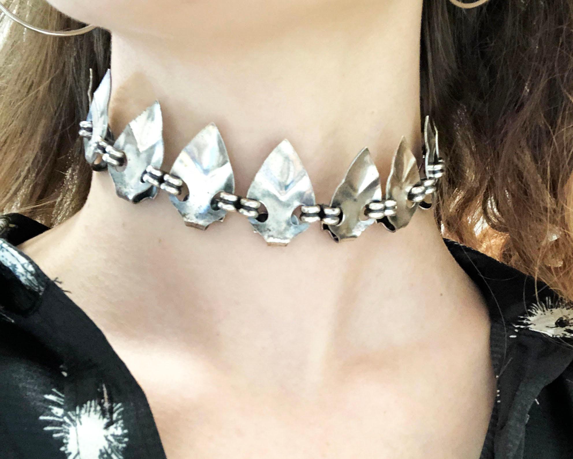 MidCentury Modern Sterling Silver Shield Helmet Scroll Choker For Sale