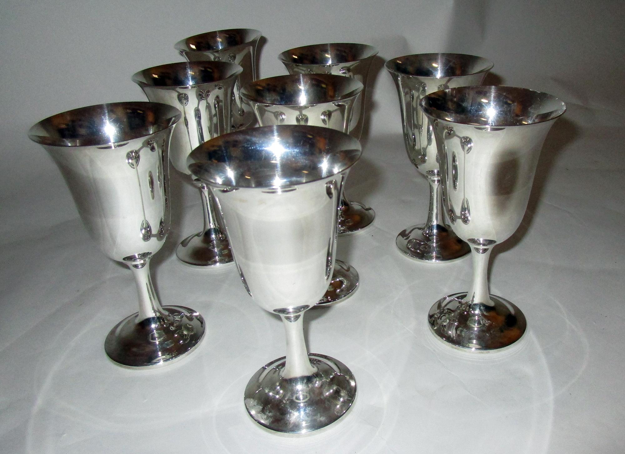 Mid-century Modern Sterling Silver Wallace Silver Water Goblet Set of Eight 1