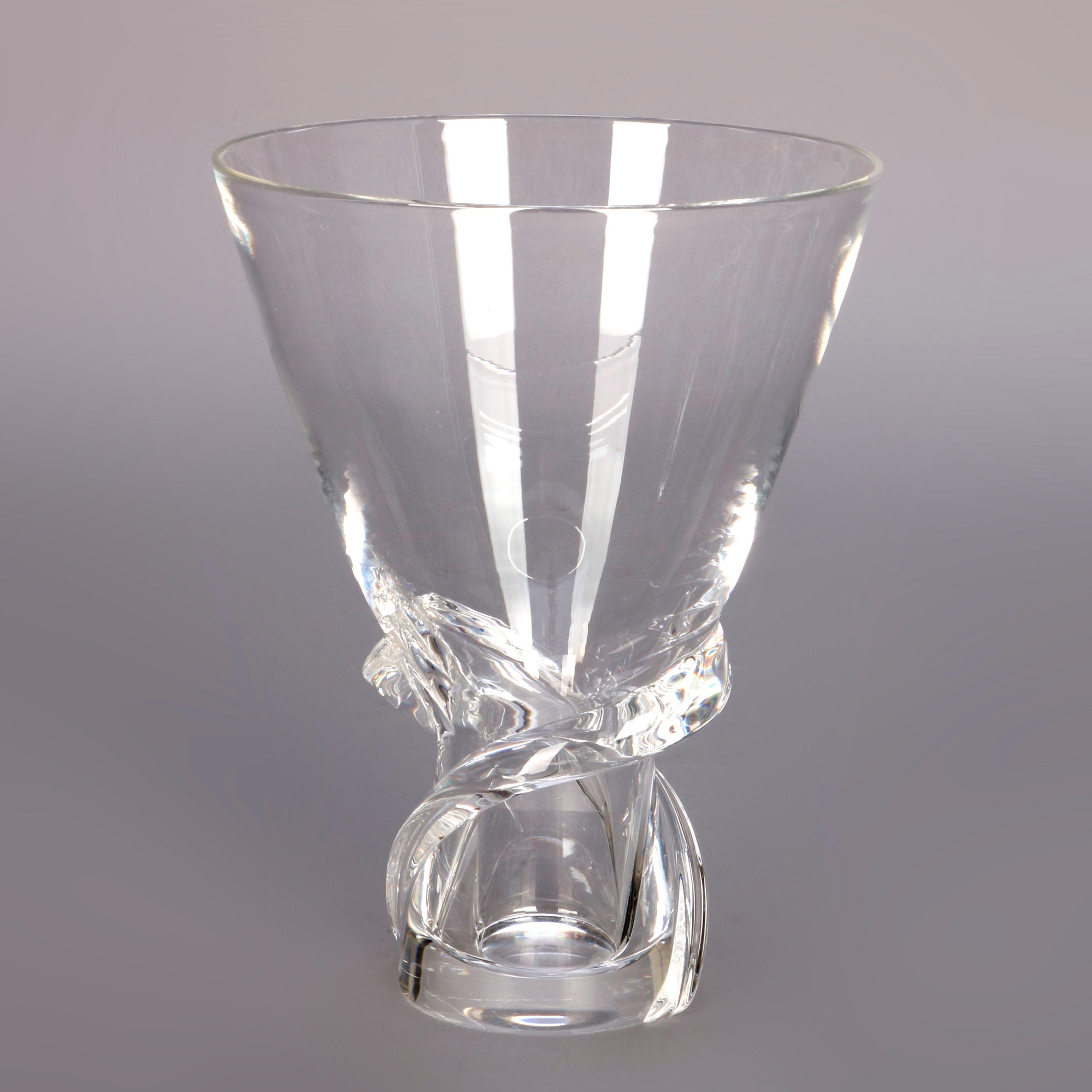 A Mid-Century Modern colorless crystal vase by Steuben Glass Works offers flared form with applied twist element on base, signed as photographed and with box 20th century.

***DELIVERY NOTICE – Due to COVID-19 we are employing NO-CONTACT PRACTICES