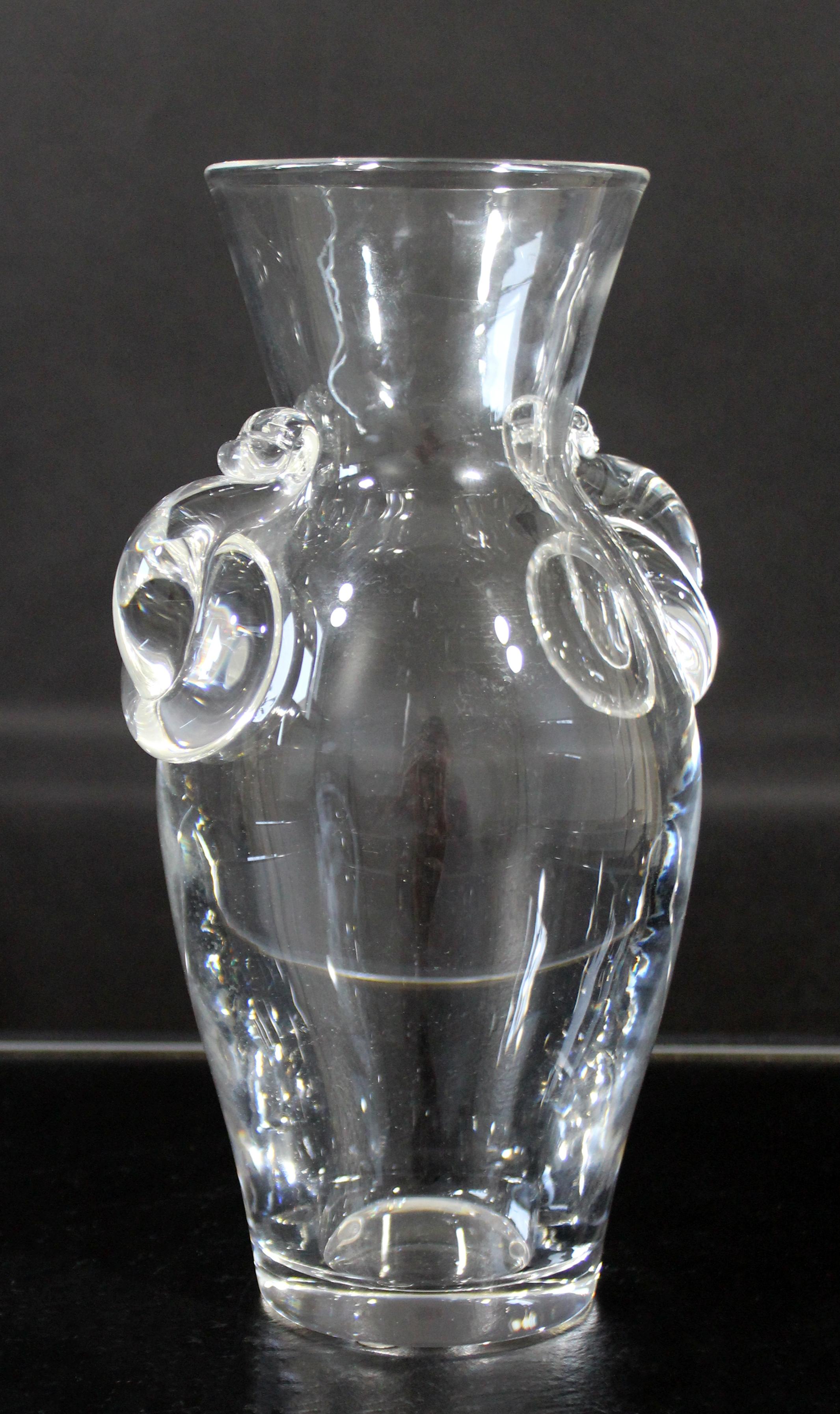 For your consideration is a stunning, Steuben glass, ring handle, art vase, by Lloyd Atkins, circa 1950s. In excellent condition. The dimensions are 5