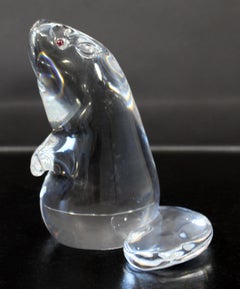 Mid-Century Modern Steuben Signed Crystal Beaver Sculpture Statuette Garnet Eyes