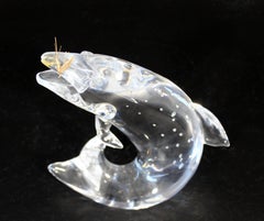 Mid-Century Modern Steuben Signed Crystal Trout with 18K Gold Fly by J. Houston