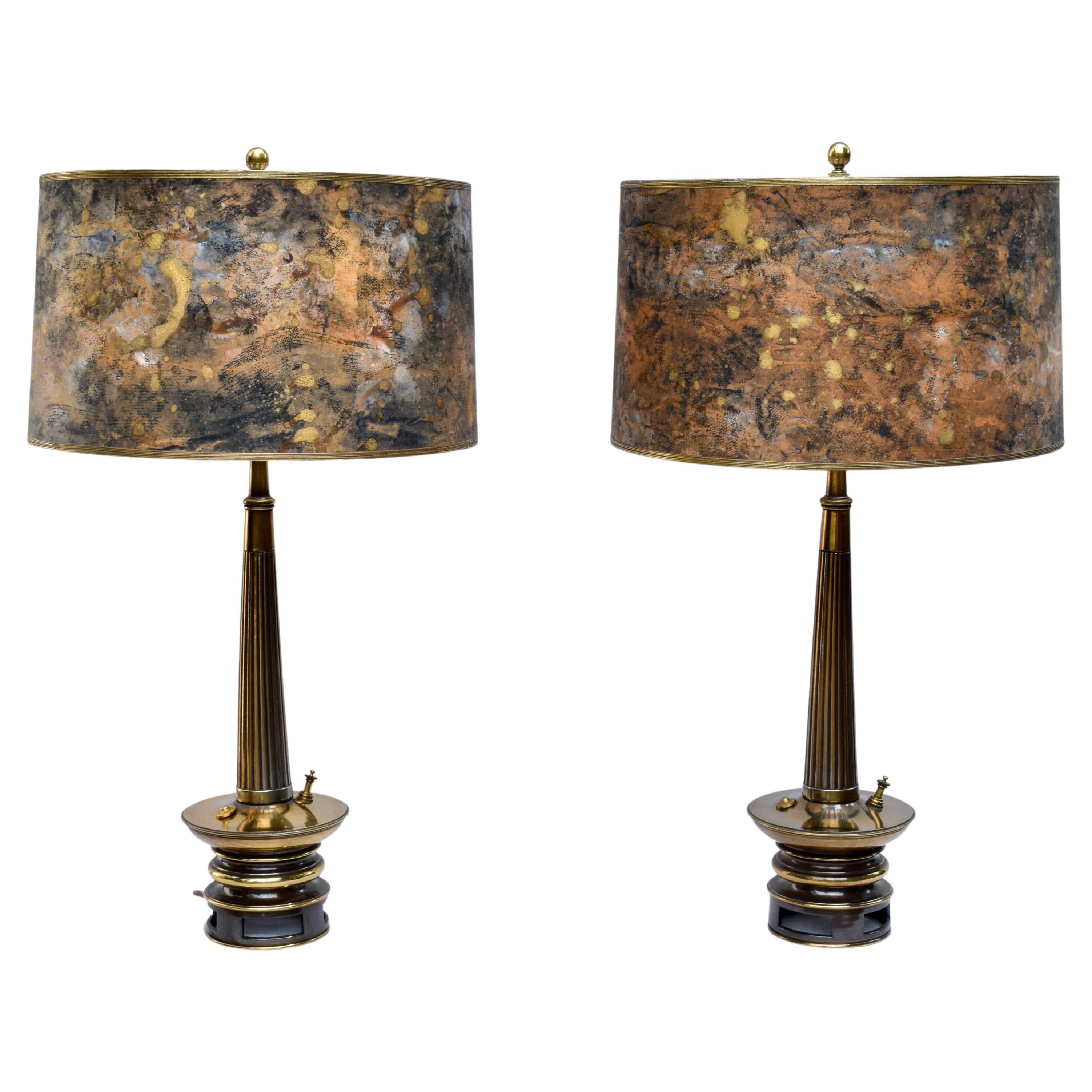 Mid Century Modern Stiffel Table Lamps with Tortoise Shades For Sale