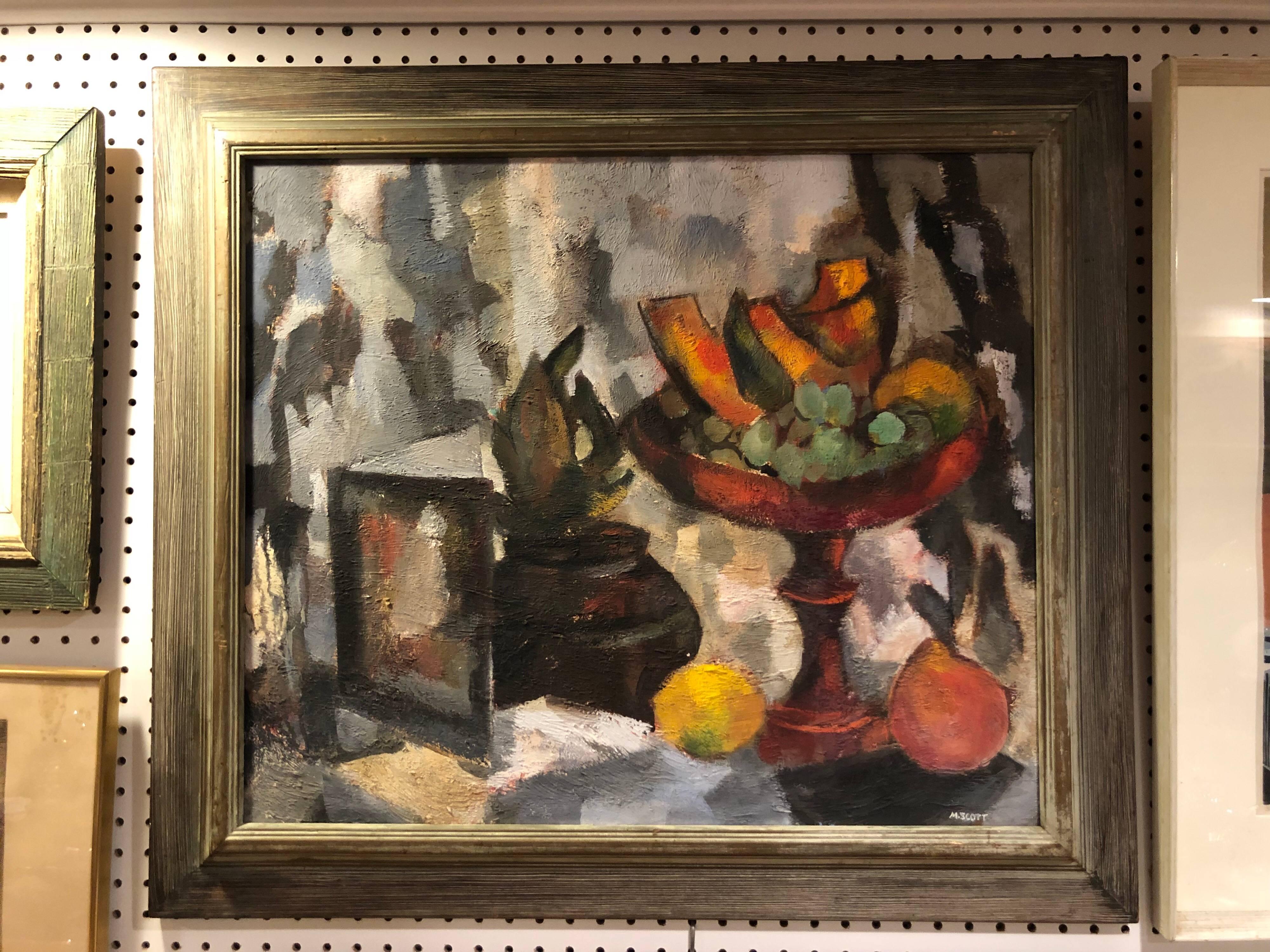 Mid-Century Modern still life of fruit by M. Scott. M. Scott is a listed artist. Nice Impasto style oil on canvas with soft muted earth tones. Great for any kitchen or dining room.