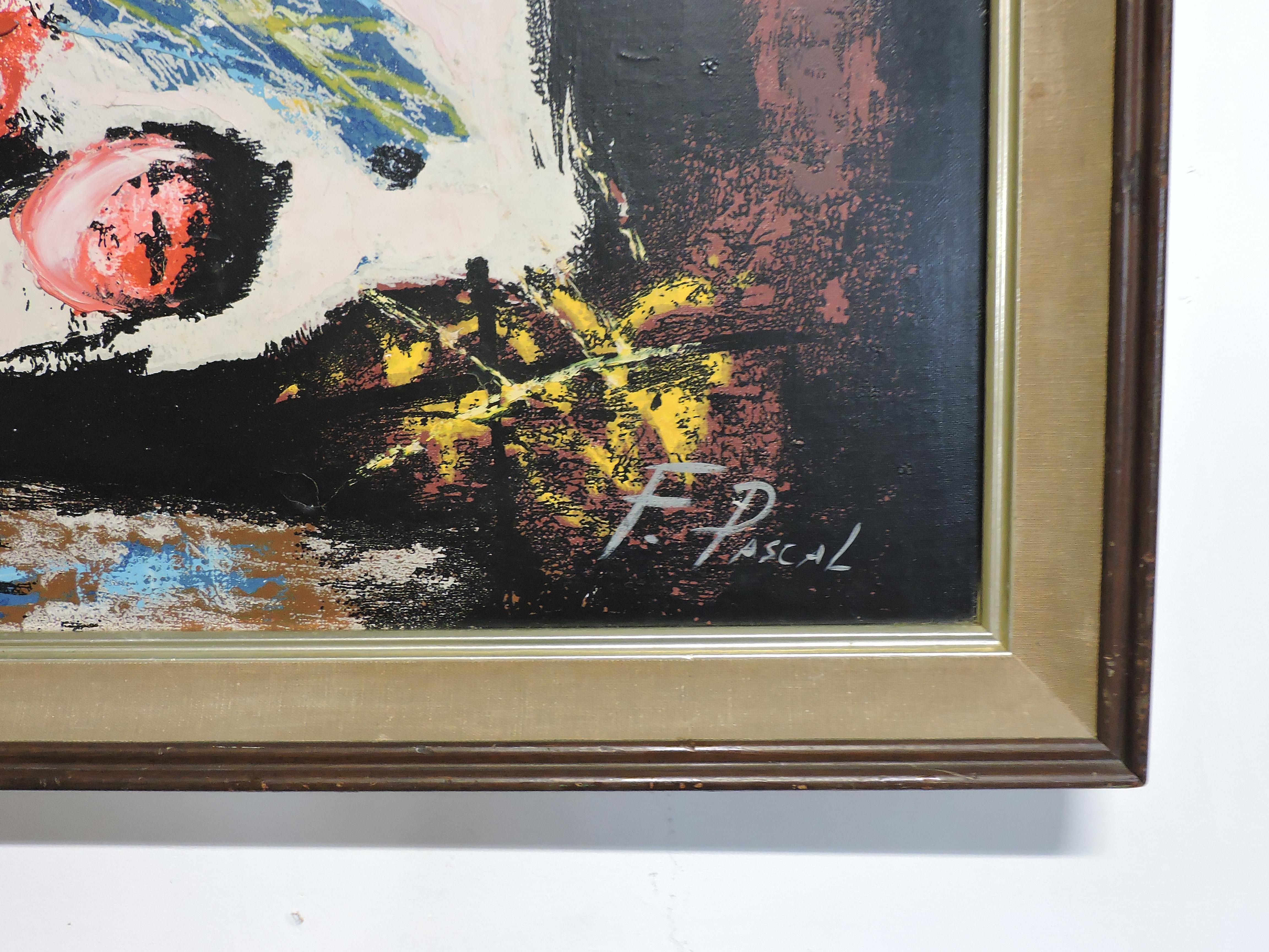 Beautiful signed Mid-Century Modern painting on canvas. This still life of fish and fruit has been executed with loose brush strokes in bright colors on a dark background. Signed F. Pascal in lower right-hand corner. Great period piece.