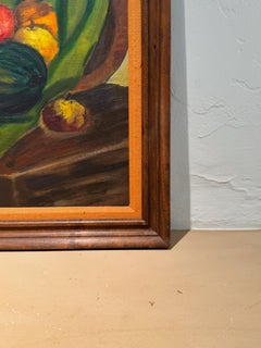 Mid-Century Modern Still Life with Fruit & Gourds – Original Oil Painting