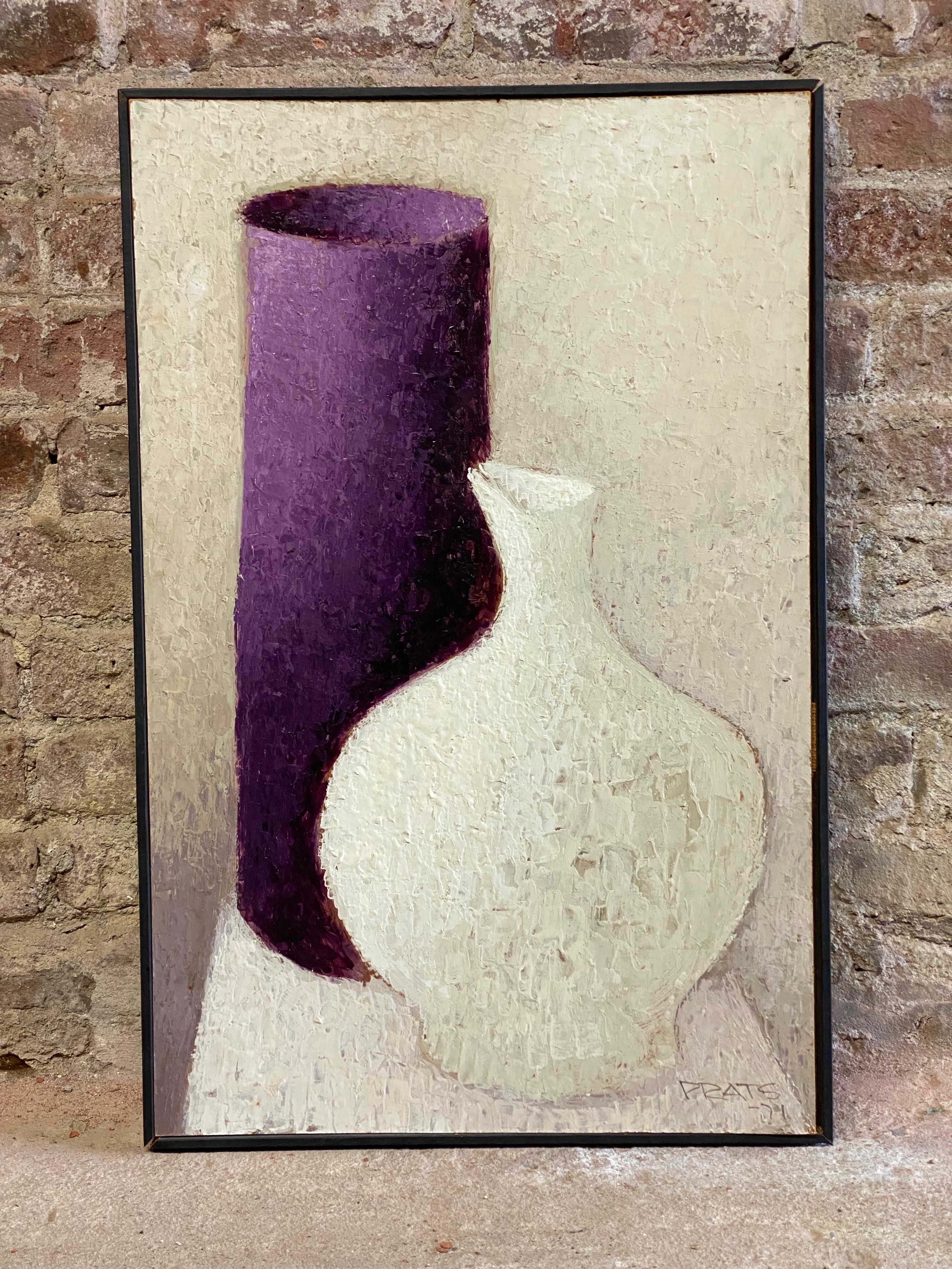 Ramon Prats (1928-2003) vase and jug still life oil paint on masonite. Circa 1971. Signed and dated lower right, Prats, '71. A peaceful rendering and reminiscent of Morandi's solitary still life paintings. Prats' stippling effect with the brush or