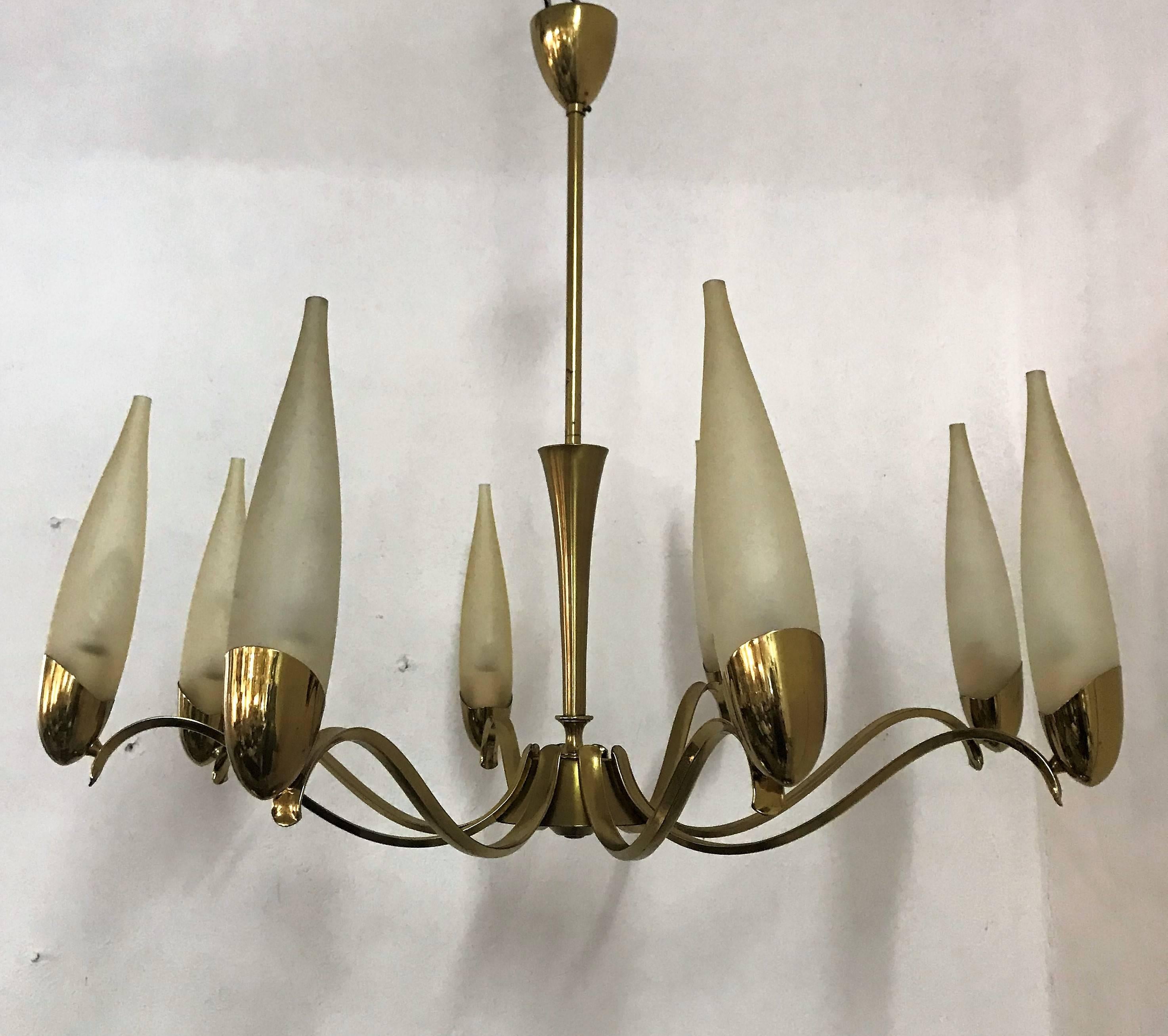 Mid-20th Century Mid-Century Modern Eight Light brass and Glass Chandelier, Italy, 1960 For Sale