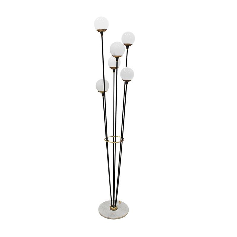 Stilnovo Floor Lamp, Italy, 1950s
Black lacquered iron, brass details, marble base, and white glass shades.

Sophisticated floor lamp designed by Stilnovo in the 1950s, featuring six light points elegantly distributed along a black lacquered iron