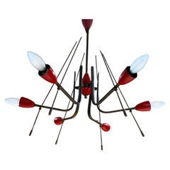 Lustre rouge à six lumières en laiton massif Stilnovo, Italie, milieu du siècle dernier