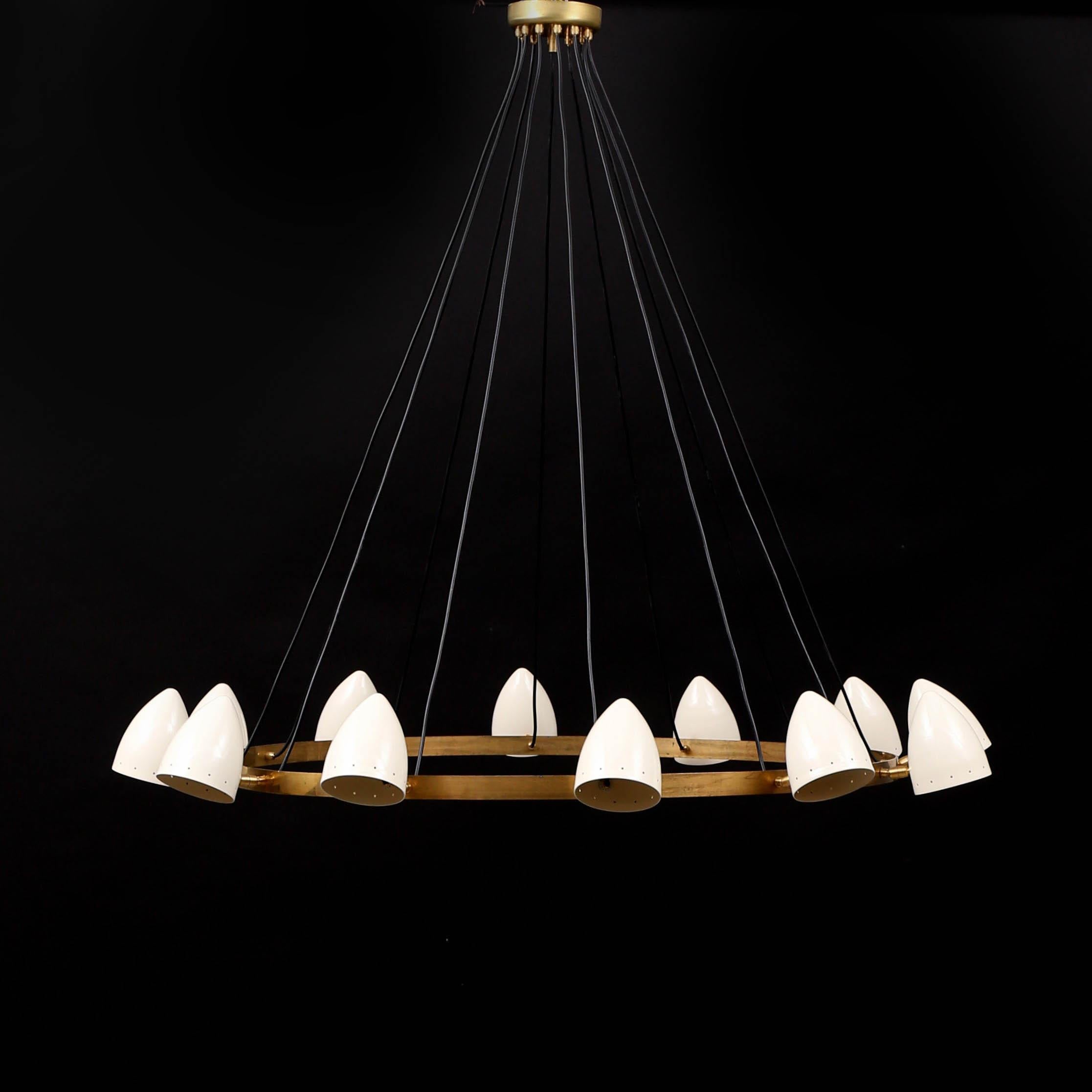 Aluminum Mid-Century Modern Stilnovo Style Brass and Lacquer Italian Chandelier 12 Lights