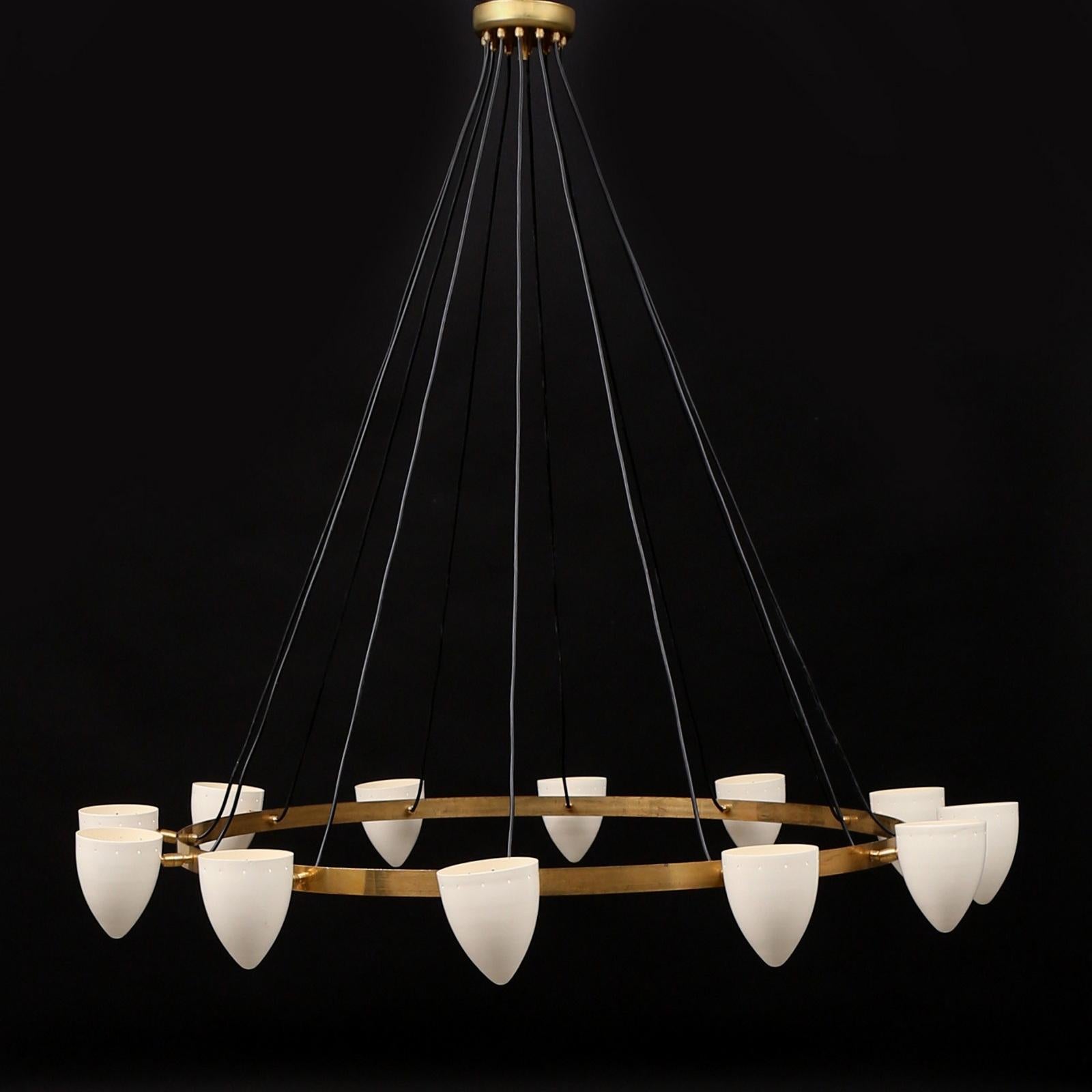 Mid-Century Modern Stilnovo Style Brass and Lacquer Italian Chandelier 12 Lights 2