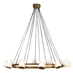 Mid-Century Modern Stilnovo Style Brass and Lacquer Italian Chandelier 12 Lights