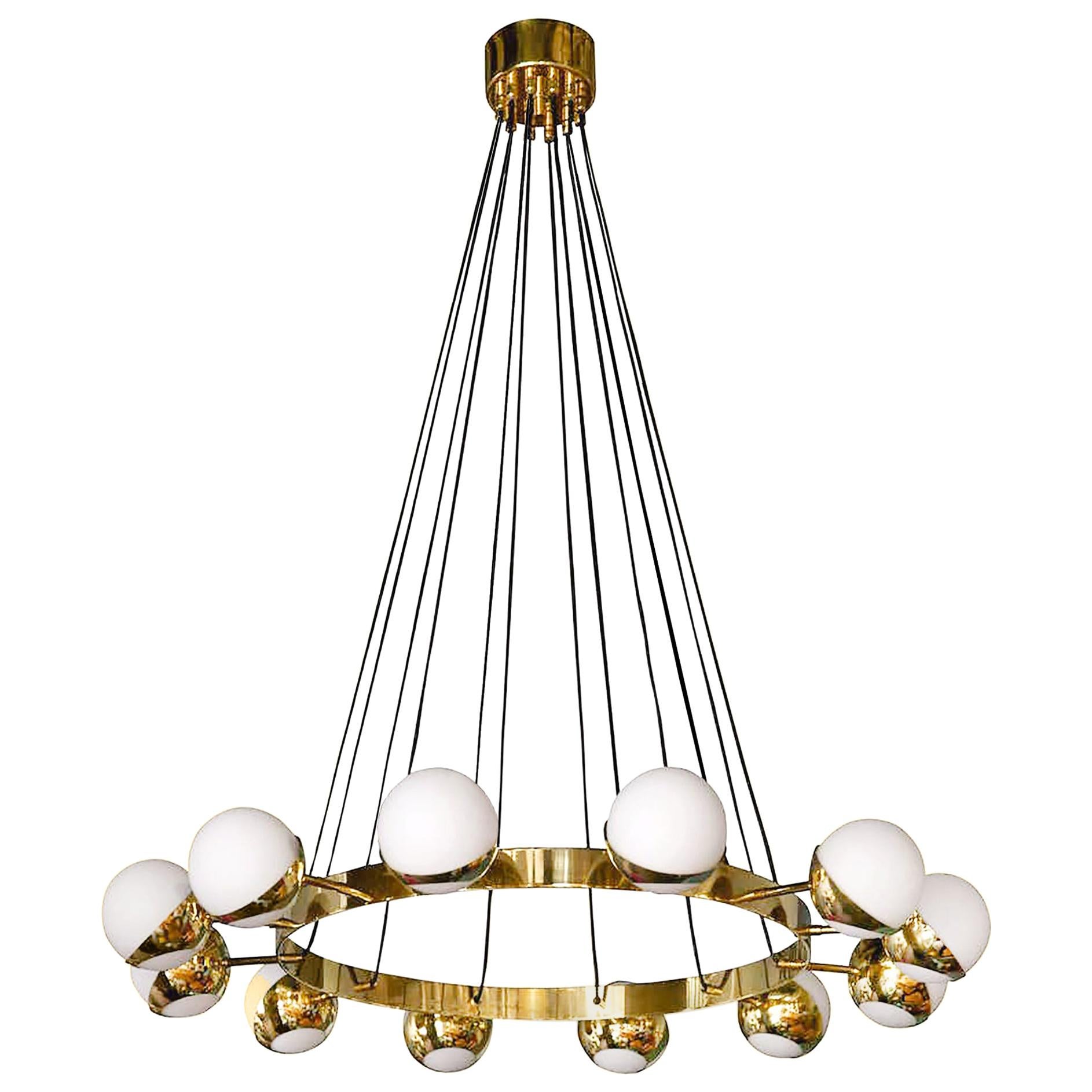 Italian MidCentury Modern Brass and Glass Chandelier, Stilnovo Style For Sale at 1stDibs