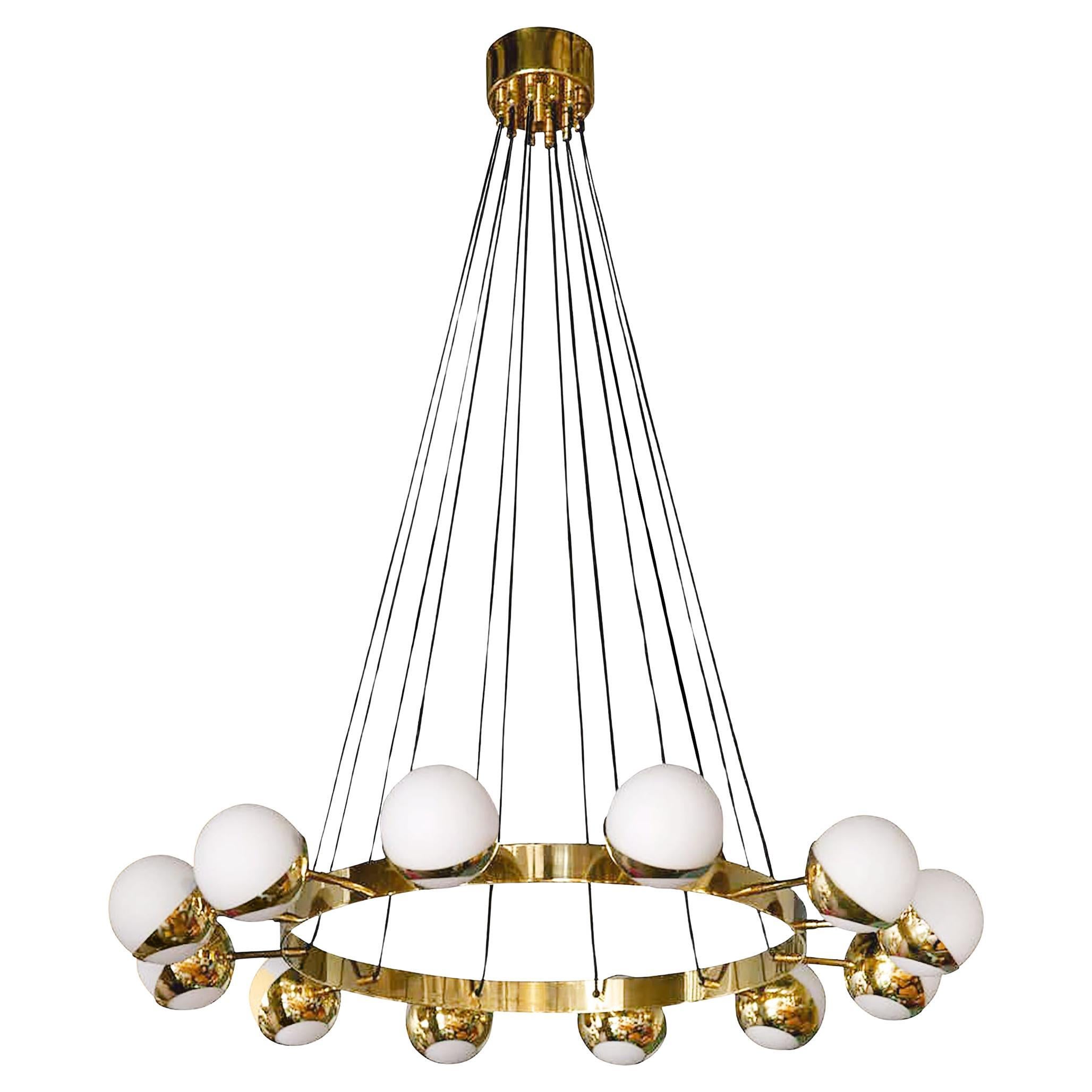 Large Stilnovo Style Italian Chandelier 12 Lights, Made of Brass and Glass