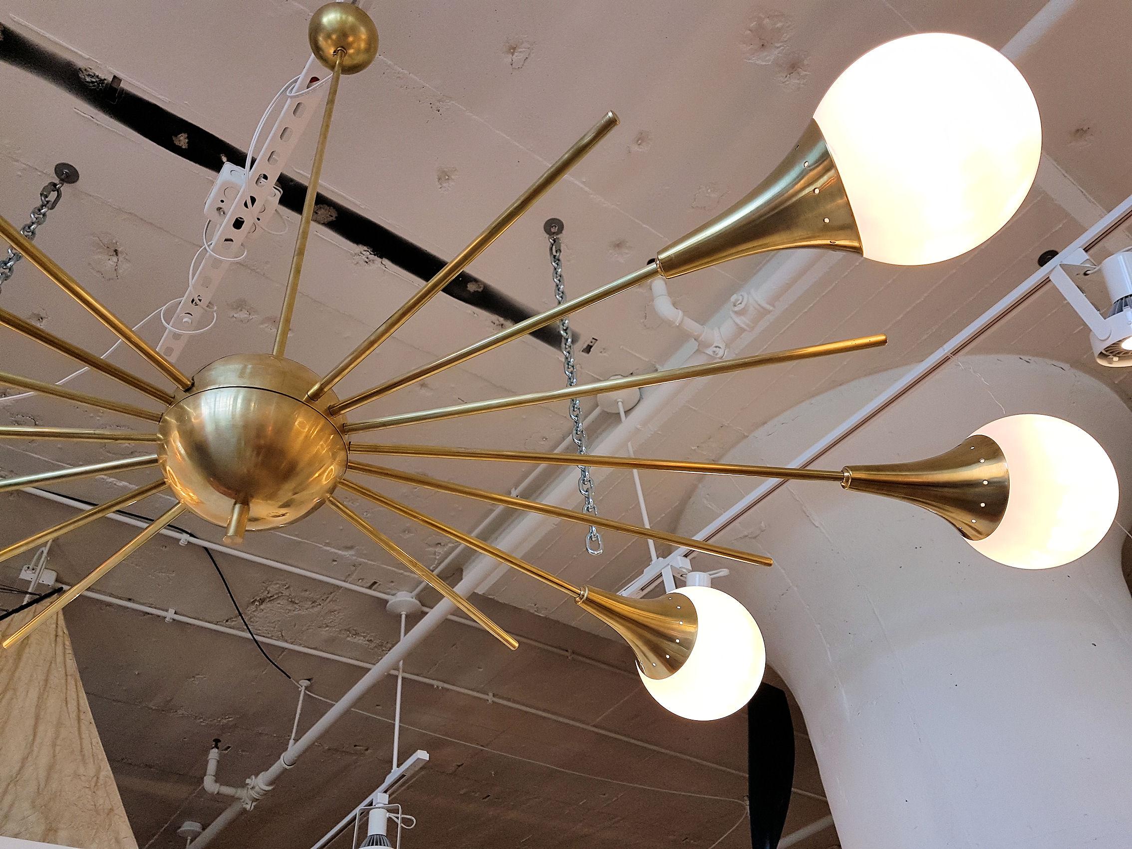 Mid-Century Modern Stilnovo Style Brass & White Glass Sputnik Chandelier, 1960s In Excellent Condition In Dallas, TX