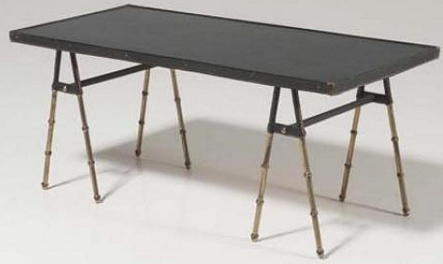 French Mid-Century Modern Stitched Leather and Brass Coffee Table by Jacques Adnet For Sale