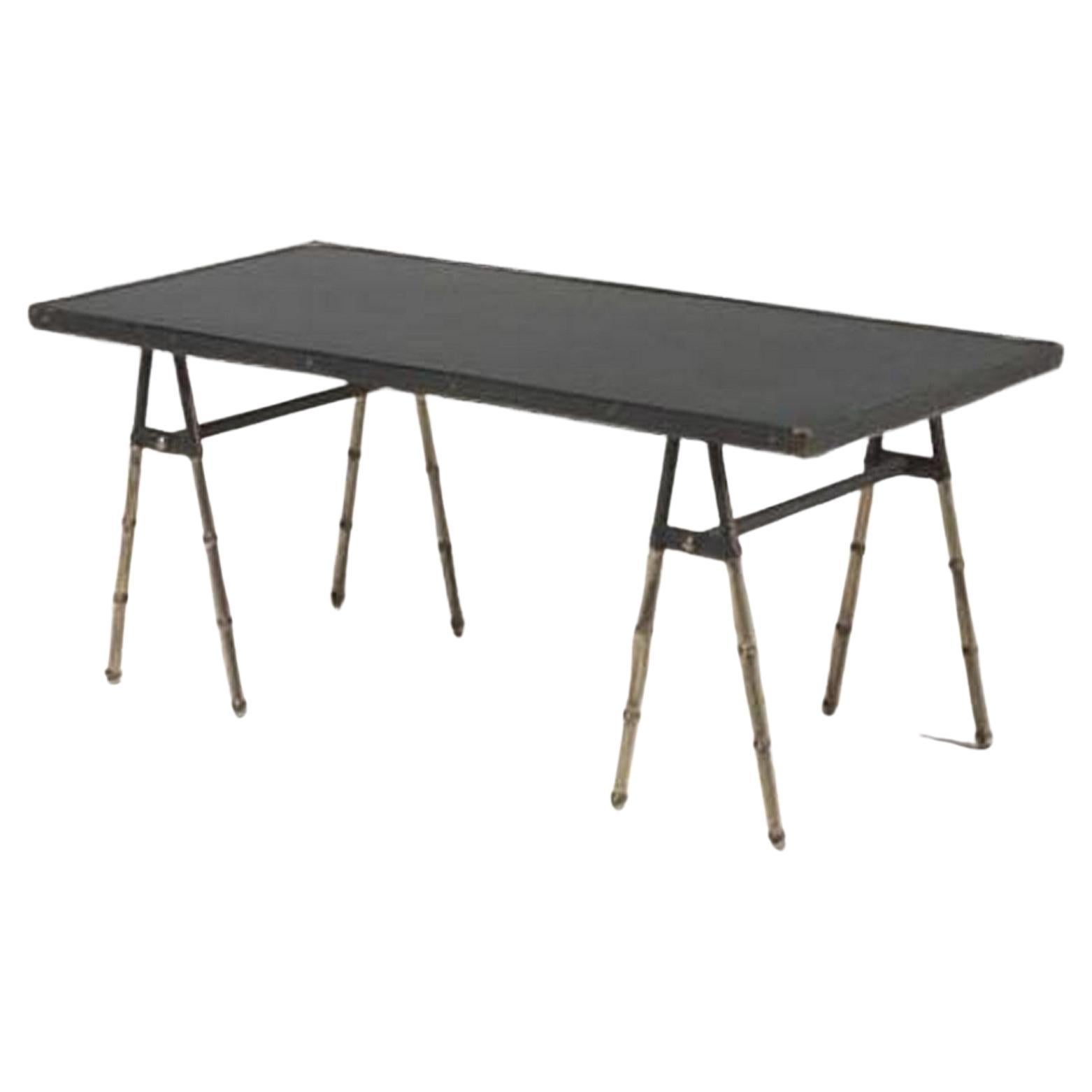 Mid-Century Modern Stitched Leather and Brass Coffee Table by Jacques Adnet