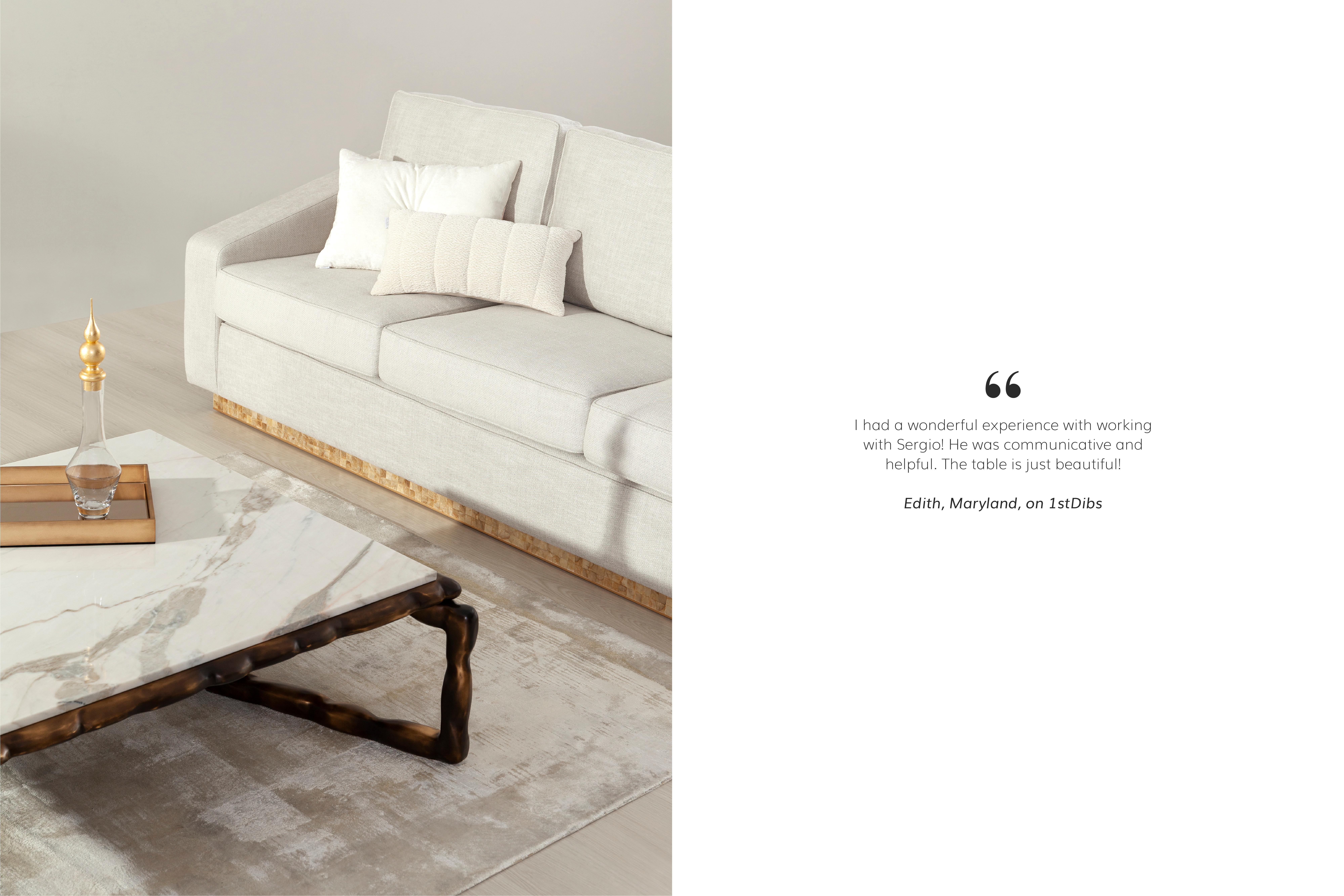 Mid-Century Modern Stone Coffee Table, Cream Onyx, Handmade by Greenapple For Sale 3