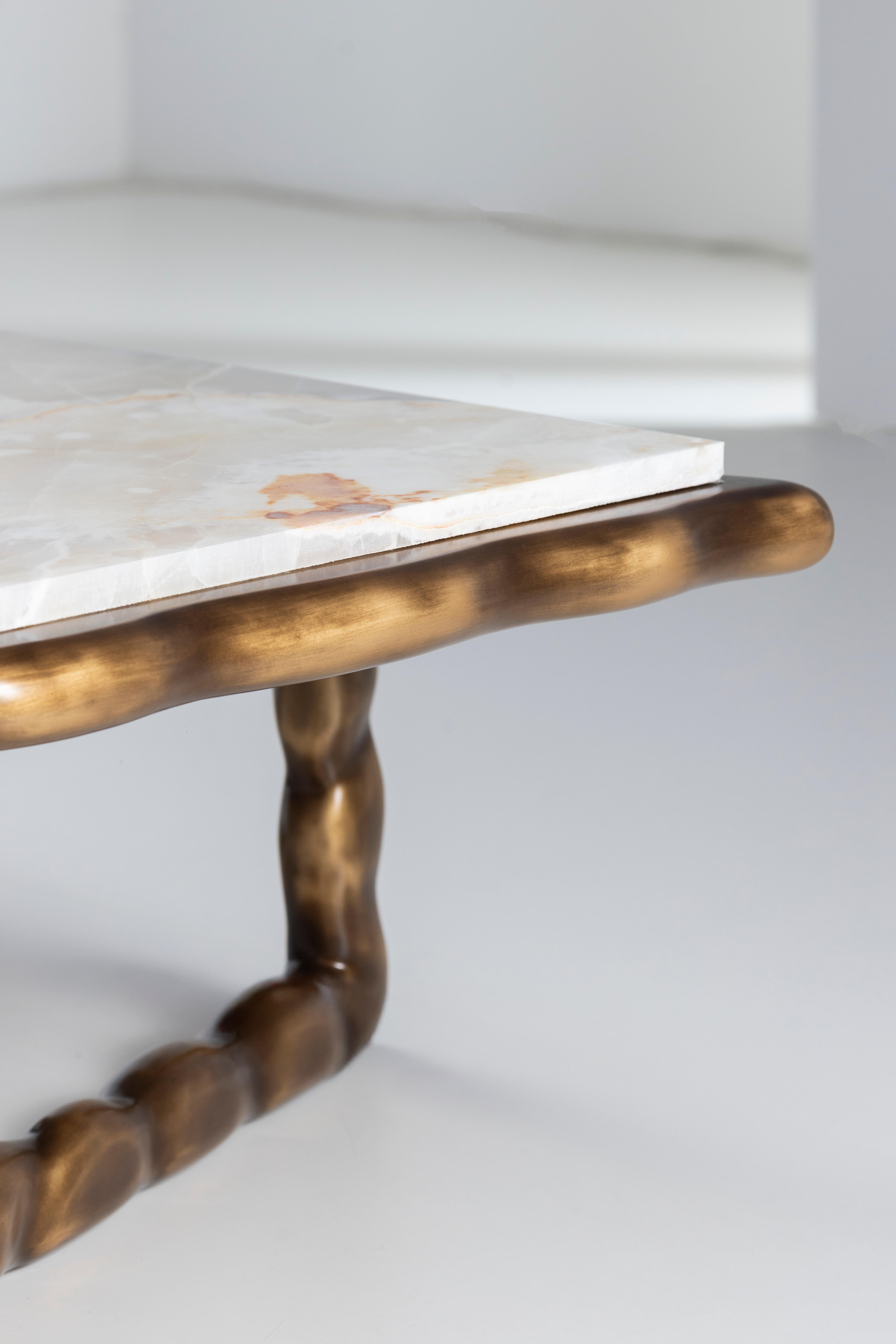 Mid-Century Modern Stone Coffee Table, Cream Onyx, Handmade by Greenapple For Sale 4