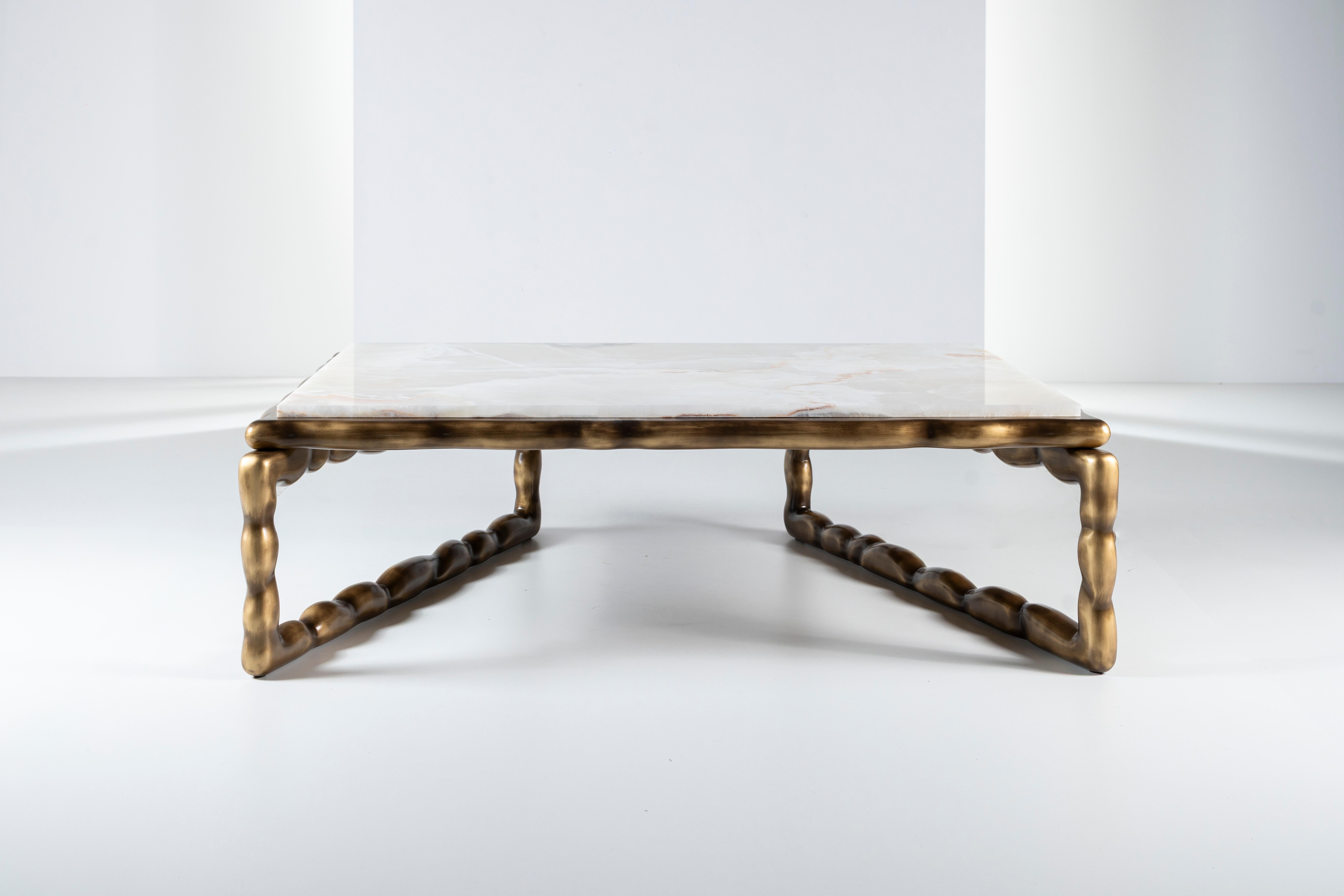 Mid-Century Modern Stone Coffee Table, Cream Onyx, Handmade by Greenapple For Sale 9