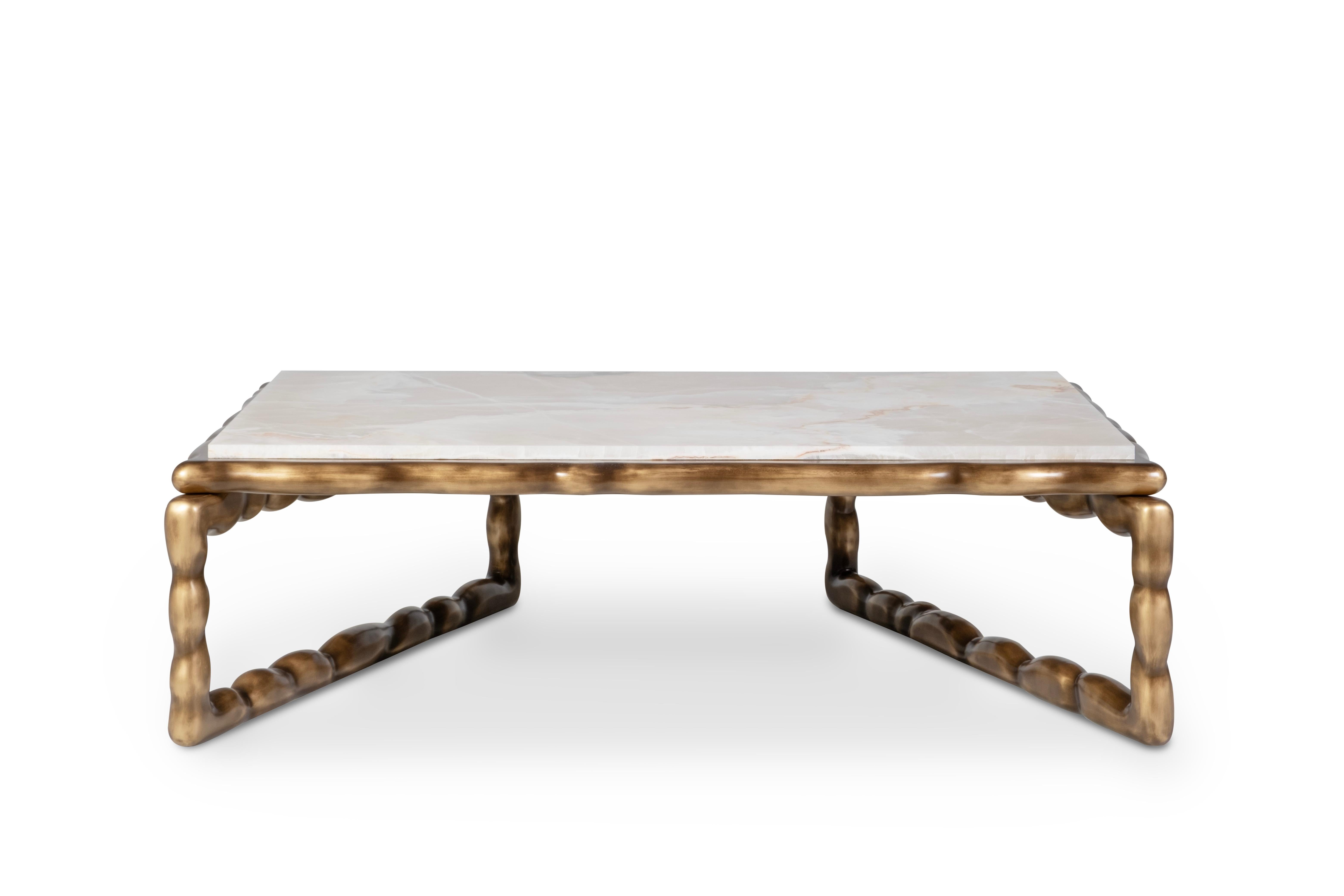 Art Deco Mid-Century Modern Stone Coffee Table, Cream Onyx, Handmade by Greenapple For Sale