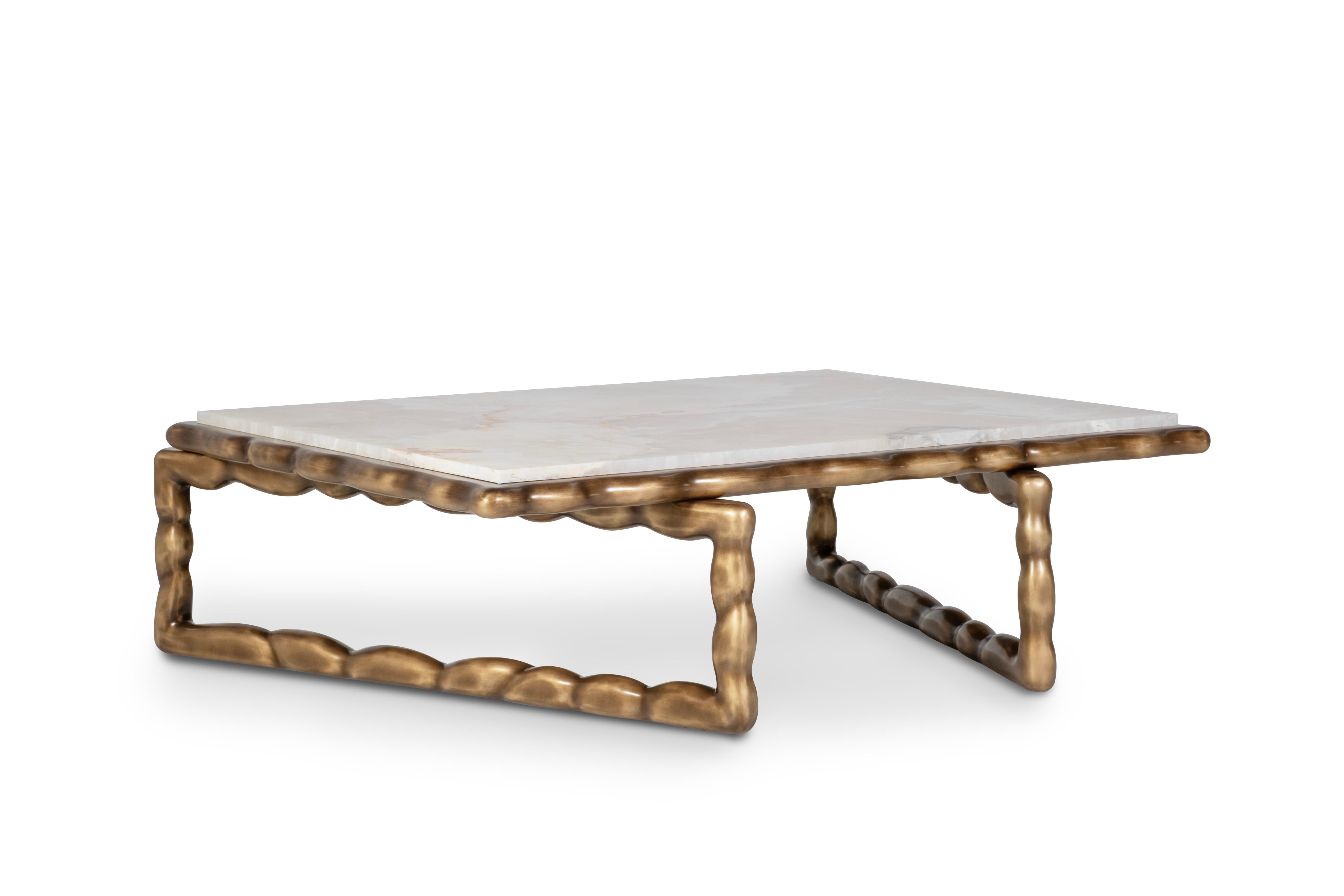 Portuguese Mid-Century Modern Stone Coffee Table, Cream Onyx, Handmade by Greenapple For Sale