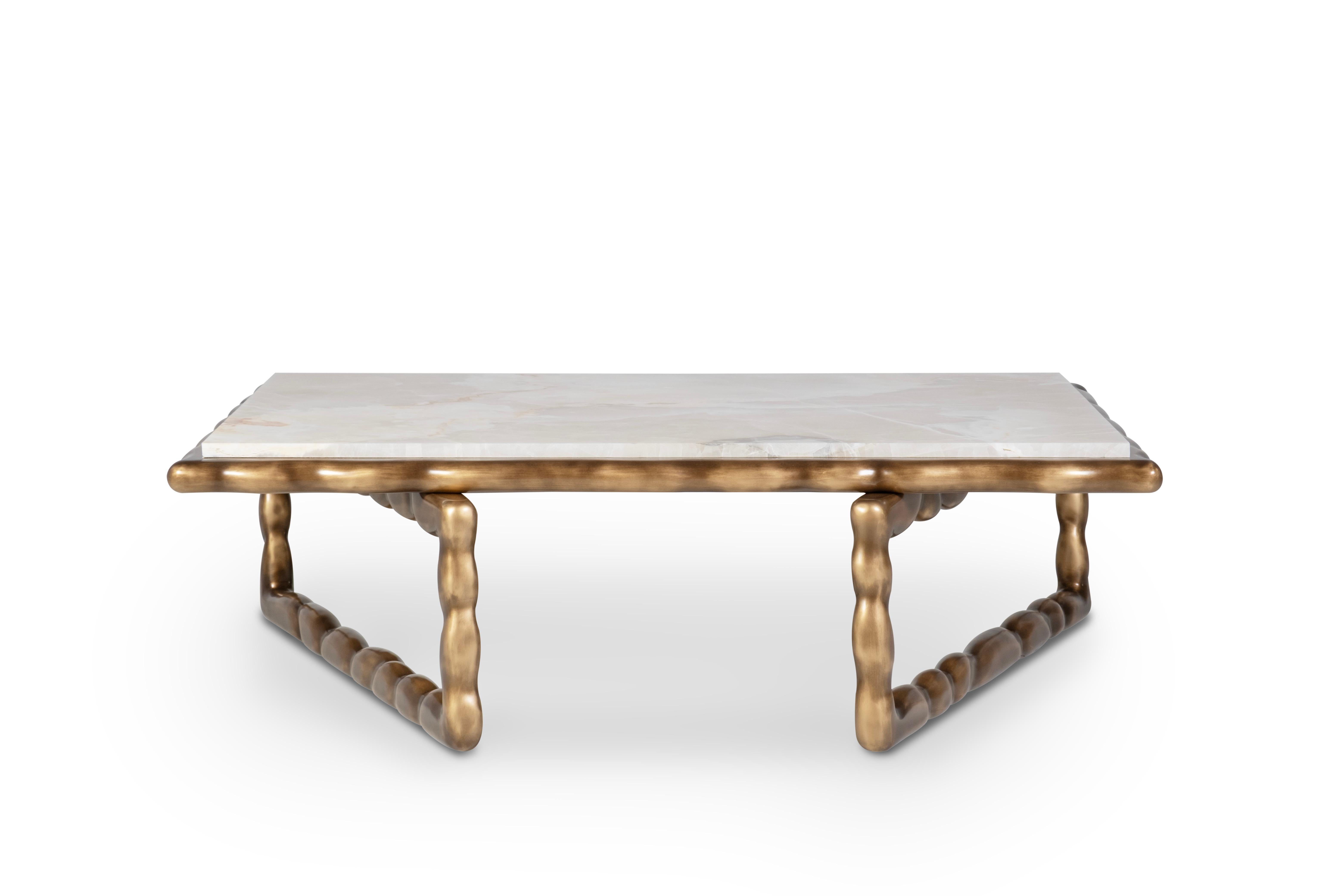 Hand-Crafted Mid-Century Modern Stone Coffee Table, Cream Onyx, Handmade by Greenapple For Sale