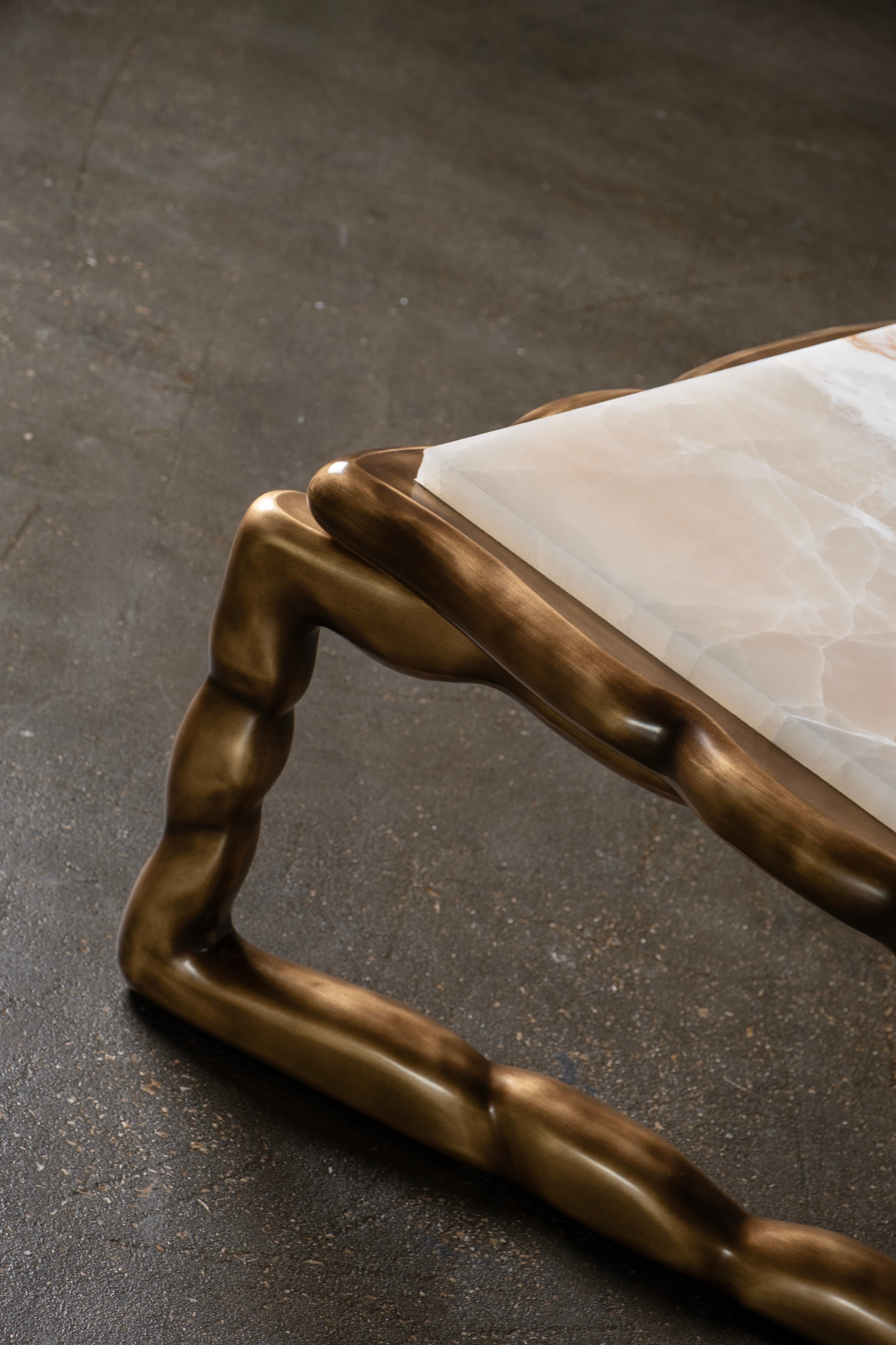 Marble Mid-Century Modern Stone Coffee Table, Cream Onyx, Handmade by Greenapple For Sale