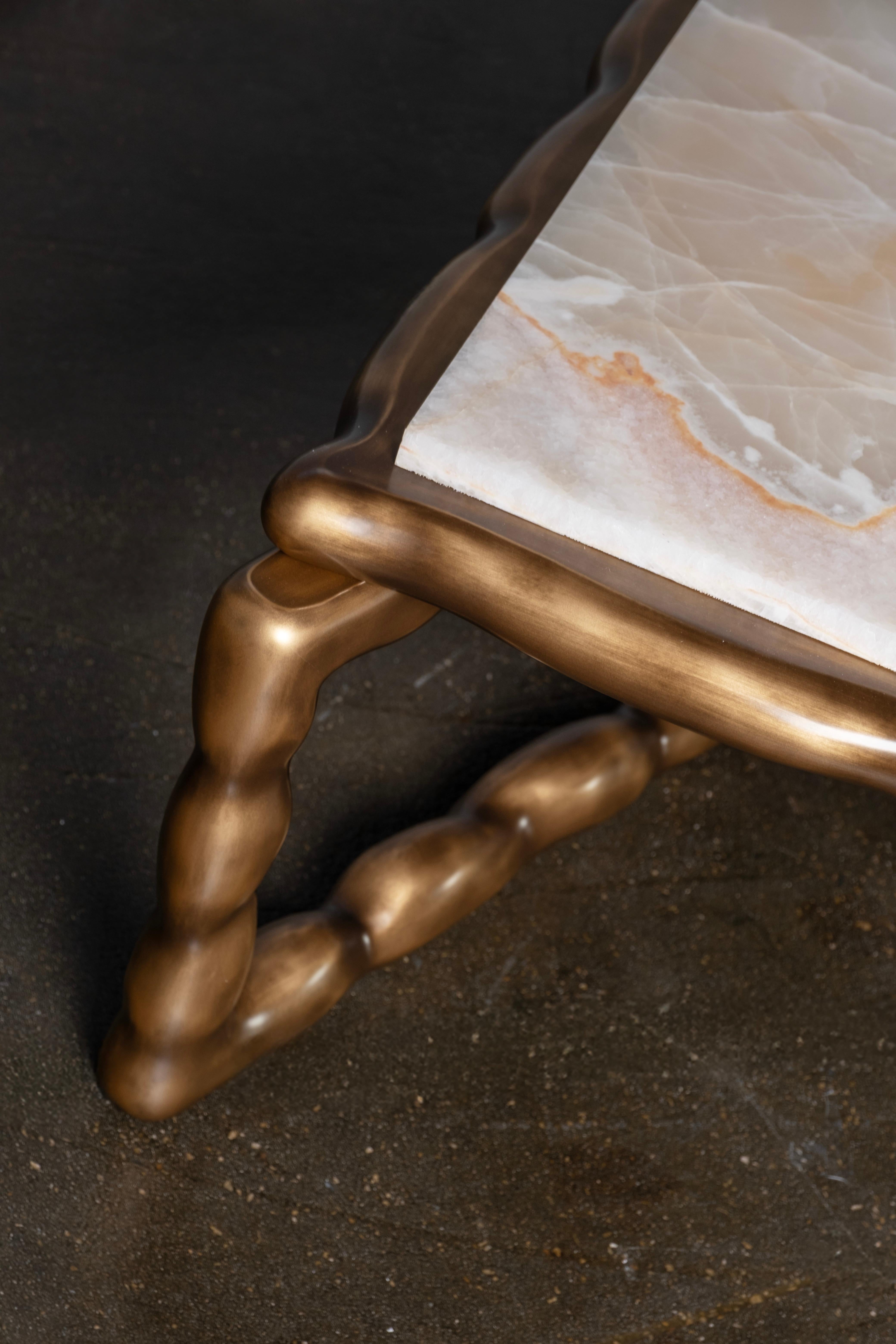 Mid-Century Modern Stone Coffee Table, Cream Onyx, Handmade by Greenapple For Sale 1