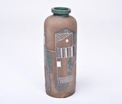 Tall brown Mid-Century Modern Stoneware vase with abstract graphic decor, 1960s