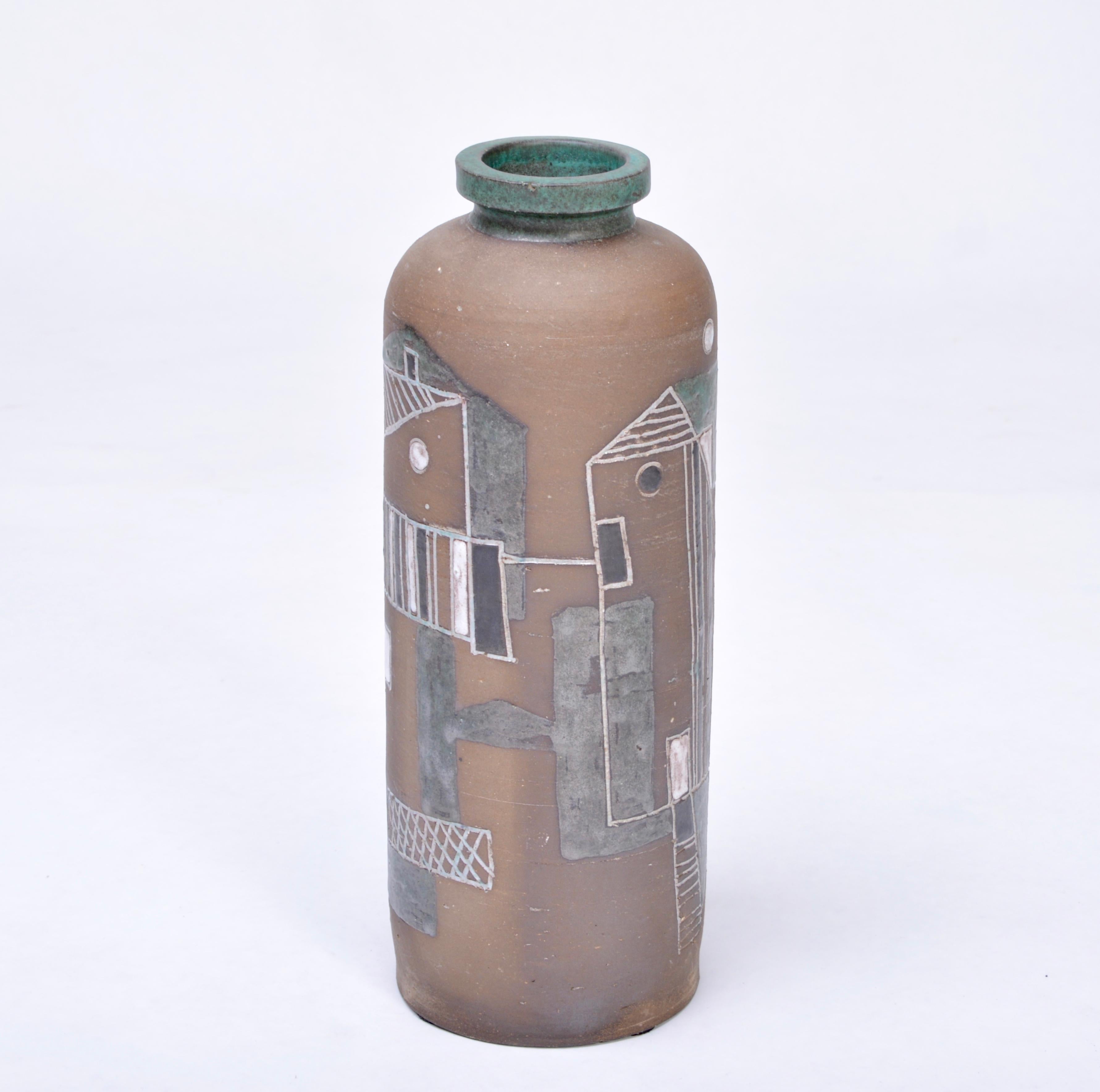 German Tall brown Mid-Century Modern Stoneware vase with abstract graphic decor, 1960s For Sale