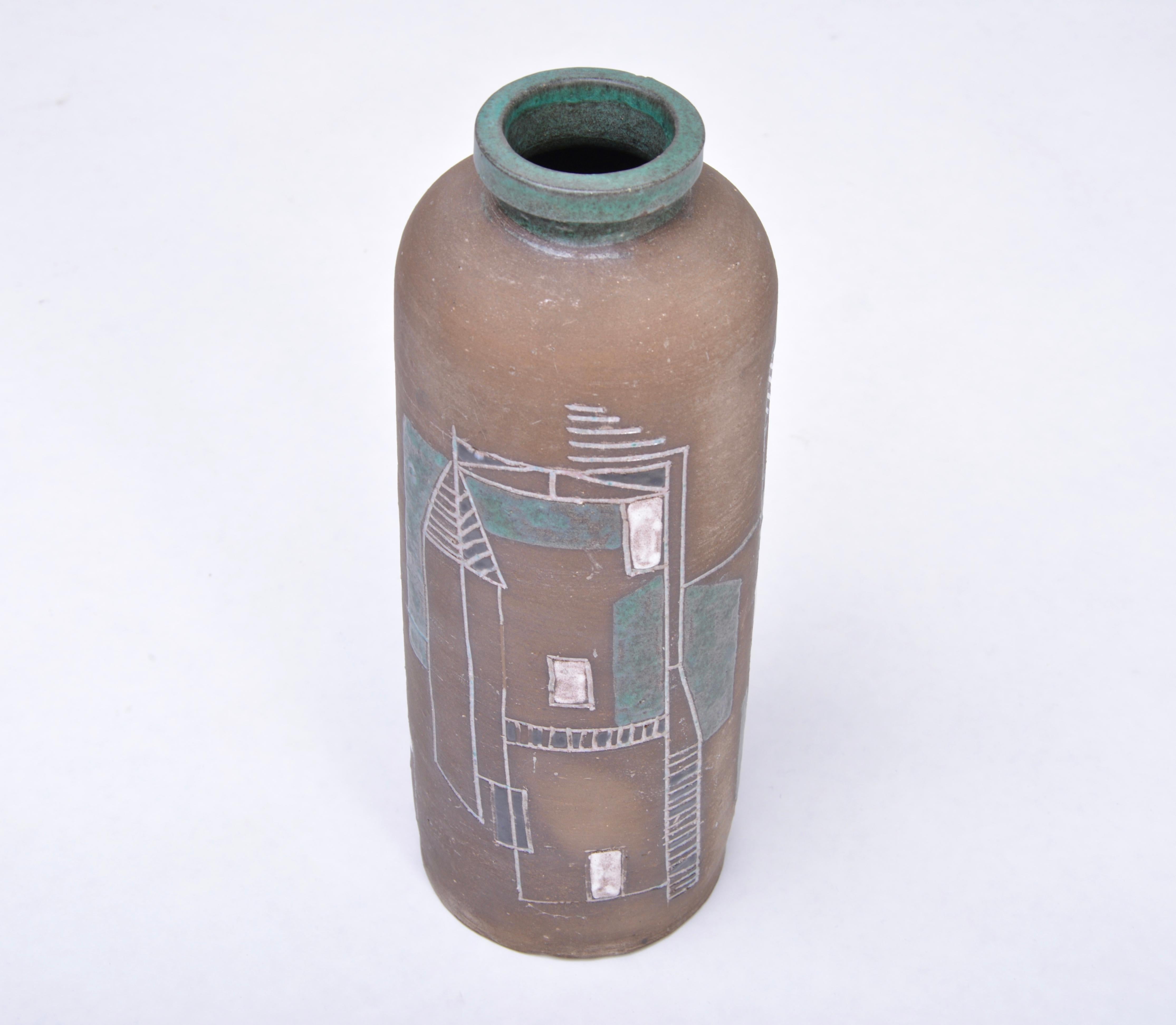 Glazed Tall brown Mid-Century Modern Stoneware vase with abstract graphic decor, 1960s For Sale