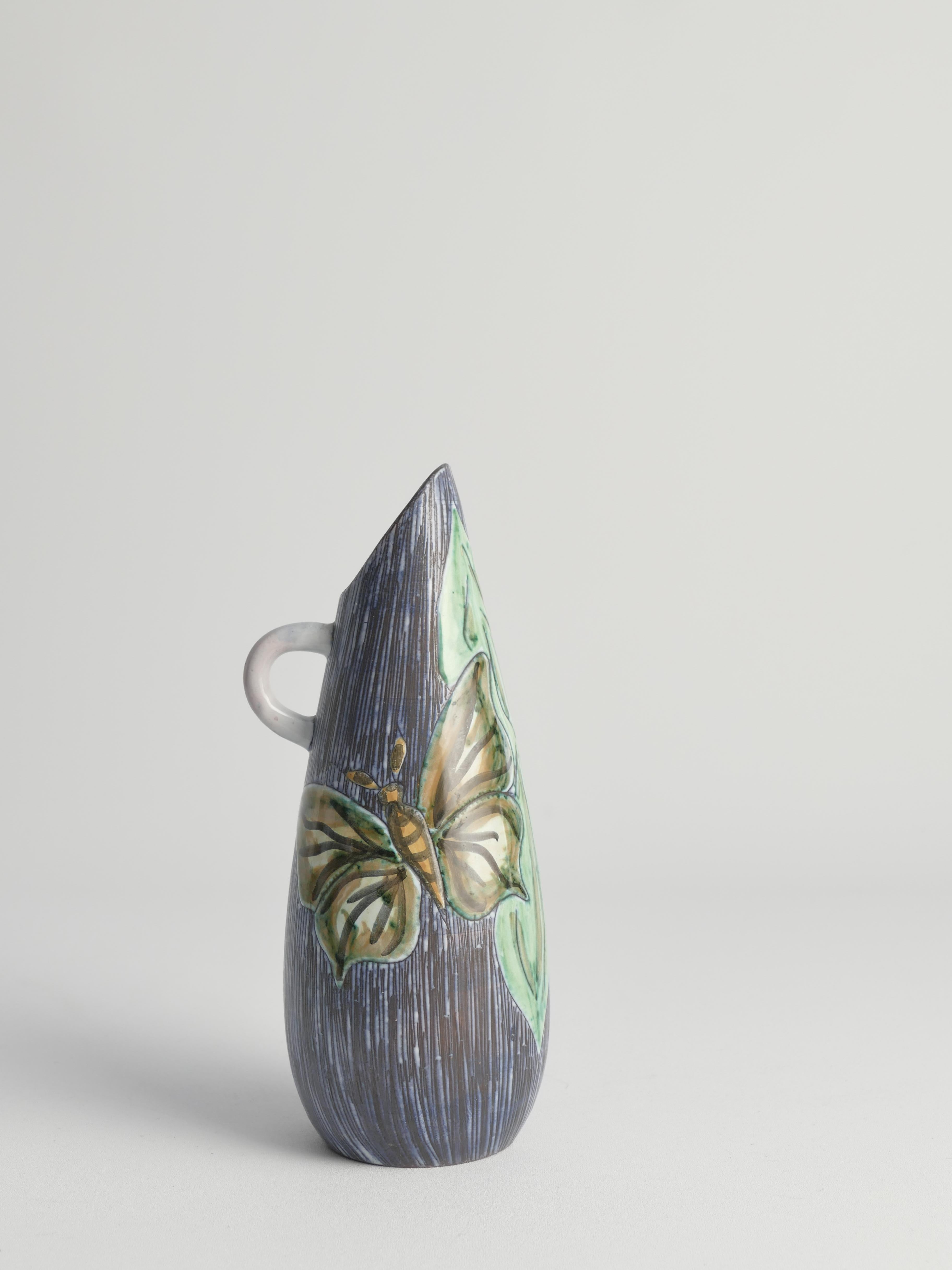 Mid-Century Modern Stoneware Vase with Sgraffito and Butterflies. Sweden, 1950s For Sale 4