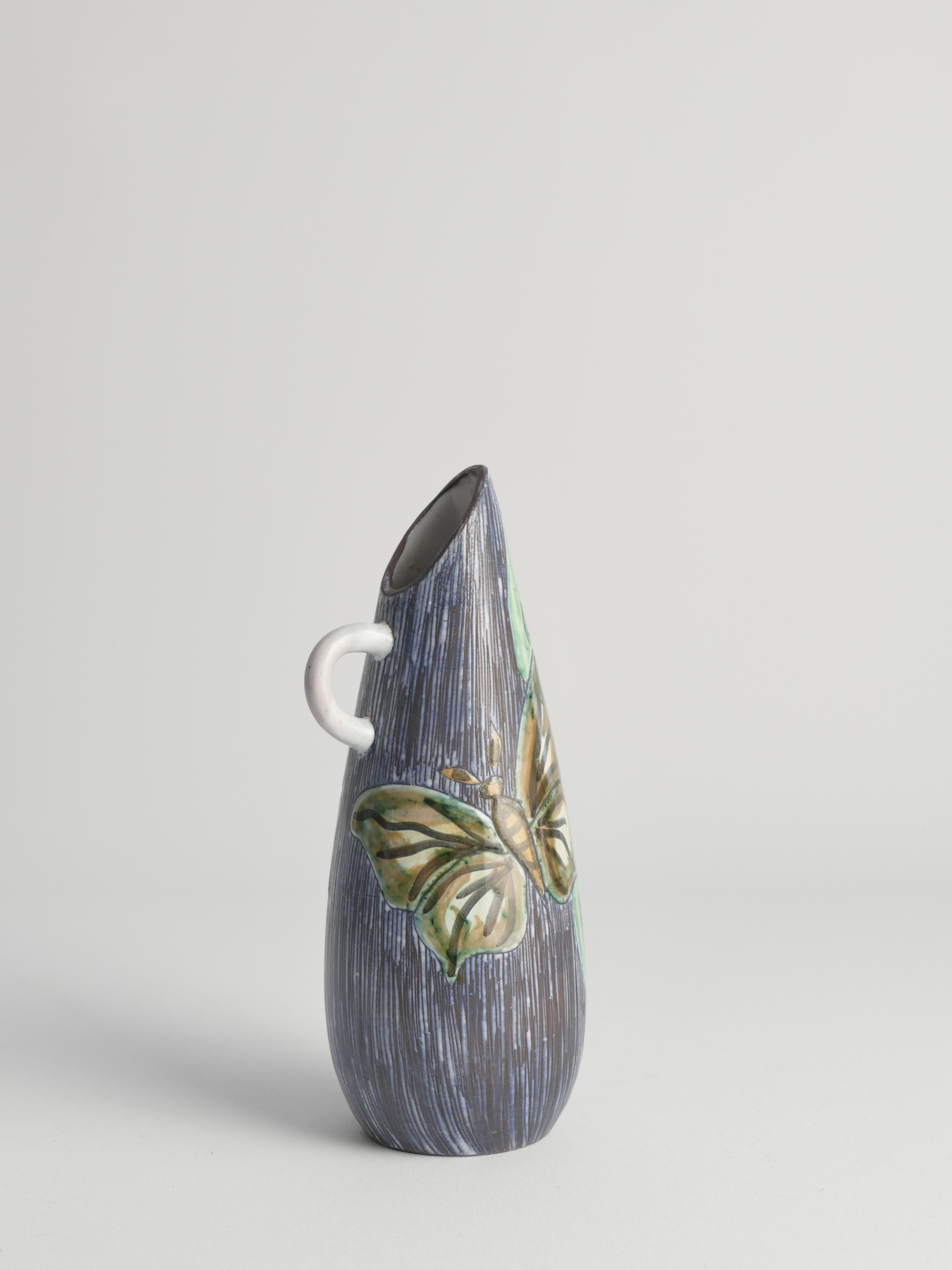 Mid-Century Modern Stoneware Vase with Sgraffito and Butterflies. Sweden, 1950s For Sale 5