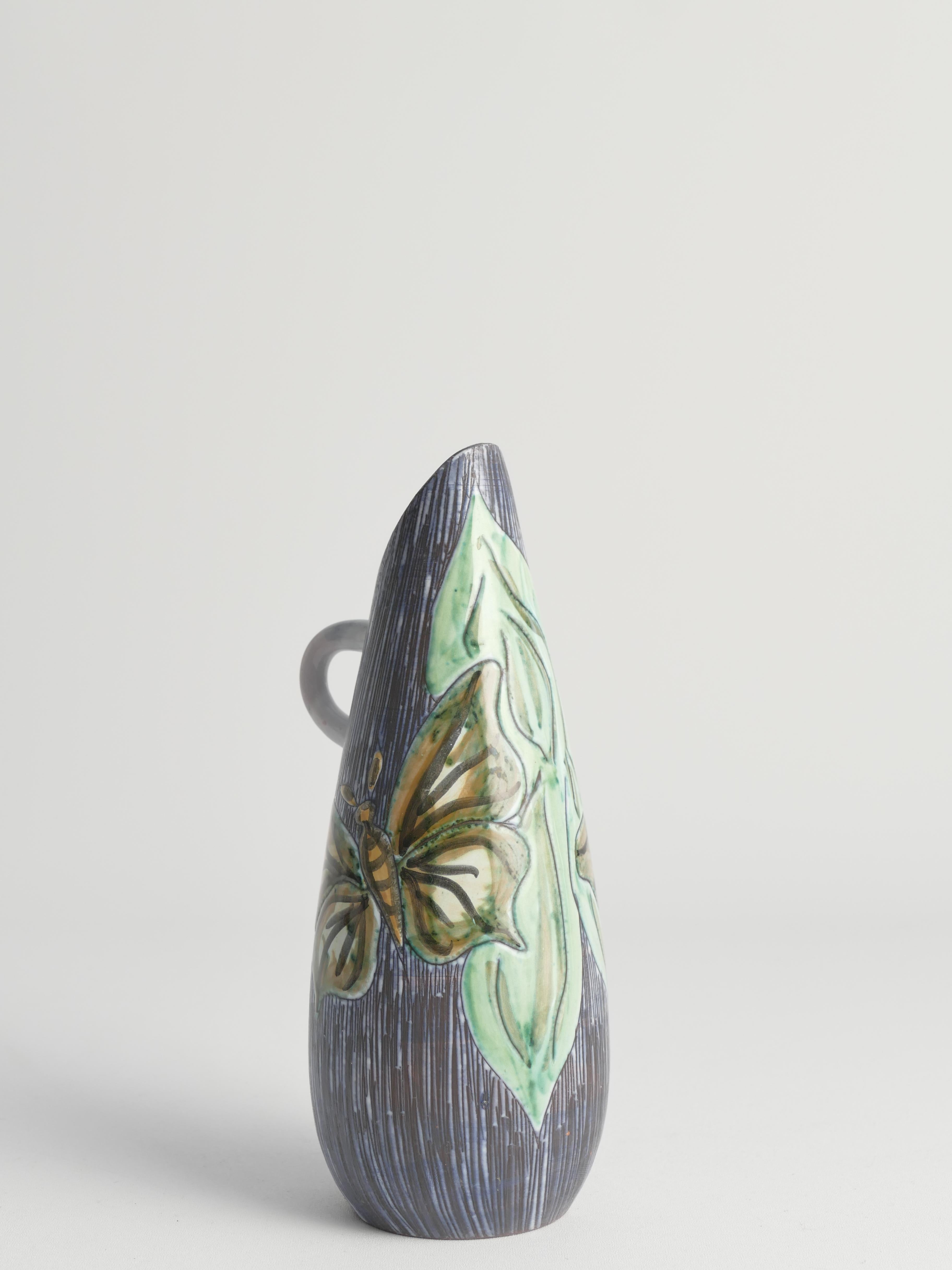 Mid-Century Modern Stoneware Vase with Sgraffito and Butterflies. Sweden, 1950s For Sale 6
