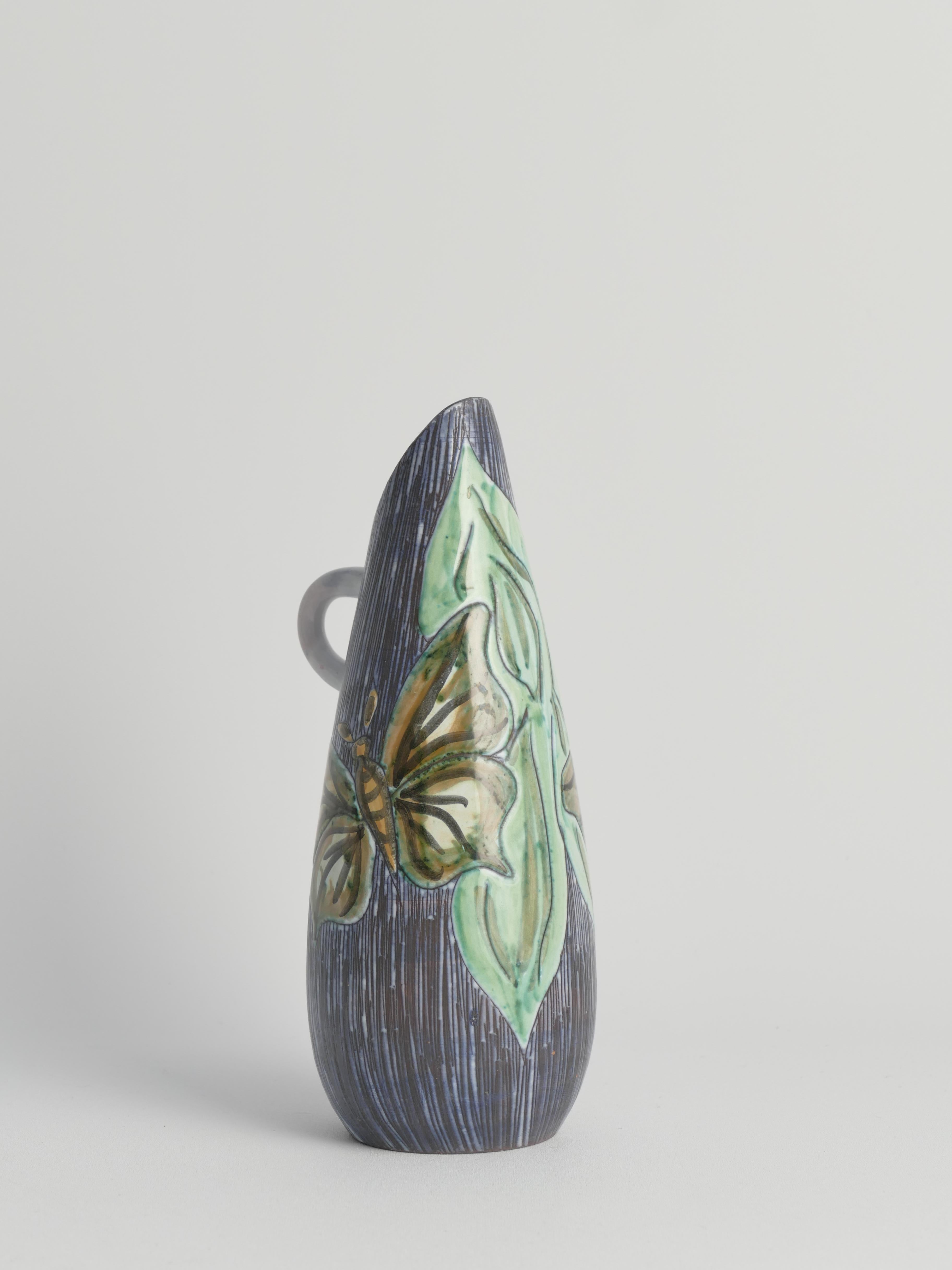 Mid-Century Modern Stoneware Vase with Sgraffito and Butterflies. Sweden, 1950s For Sale 7