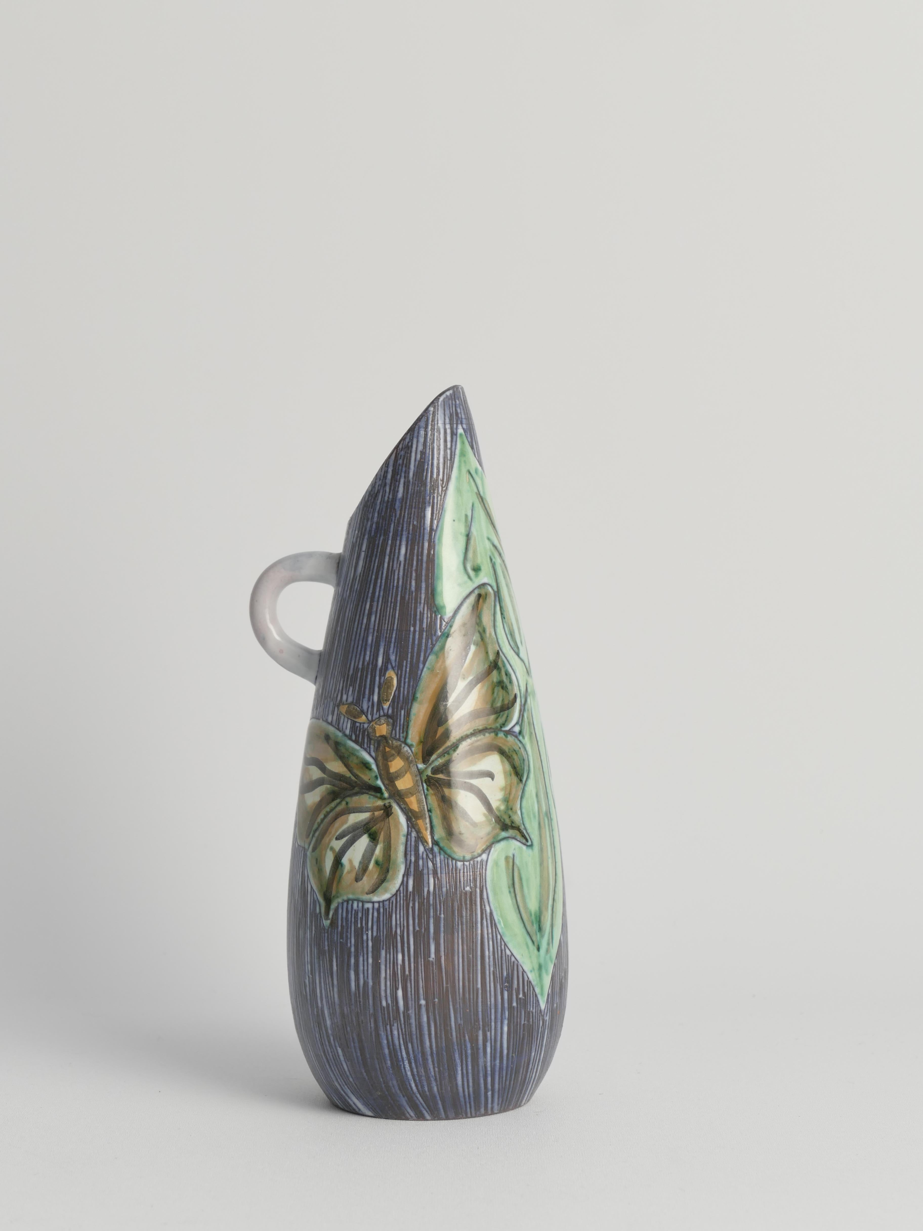 Mid-Century Modern Stoneware Vase with Sgraffito and Butterflies. Sweden, 1950s For Sale 8