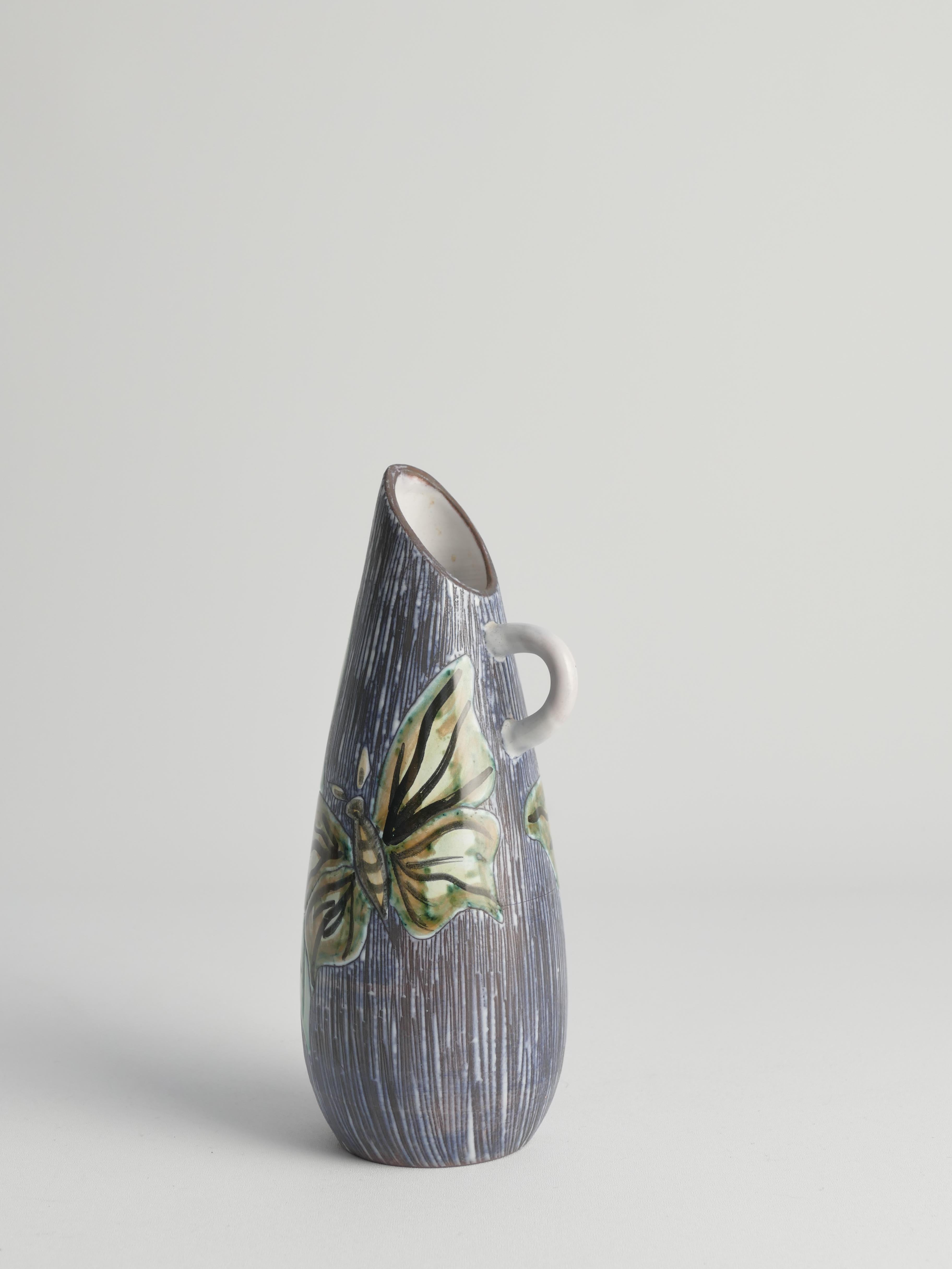 Swedish Mid-Century Modern Stoneware Vase with Sgraffito and Butterflies. Sweden, 1950s For Sale