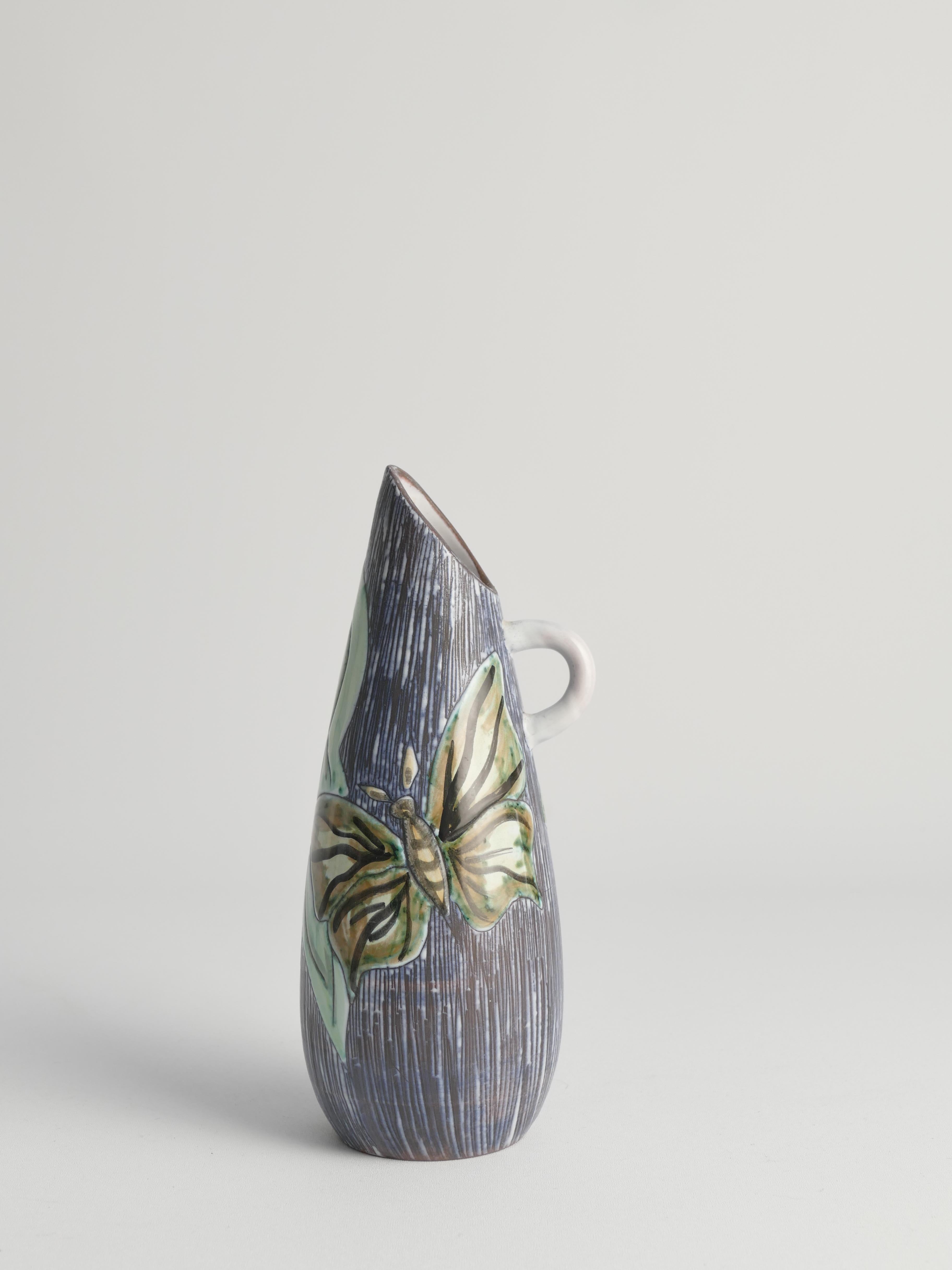 Glazed Mid-Century Modern Stoneware Vase with Sgraffito and Butterflies. Sweden, 1950s For Sale